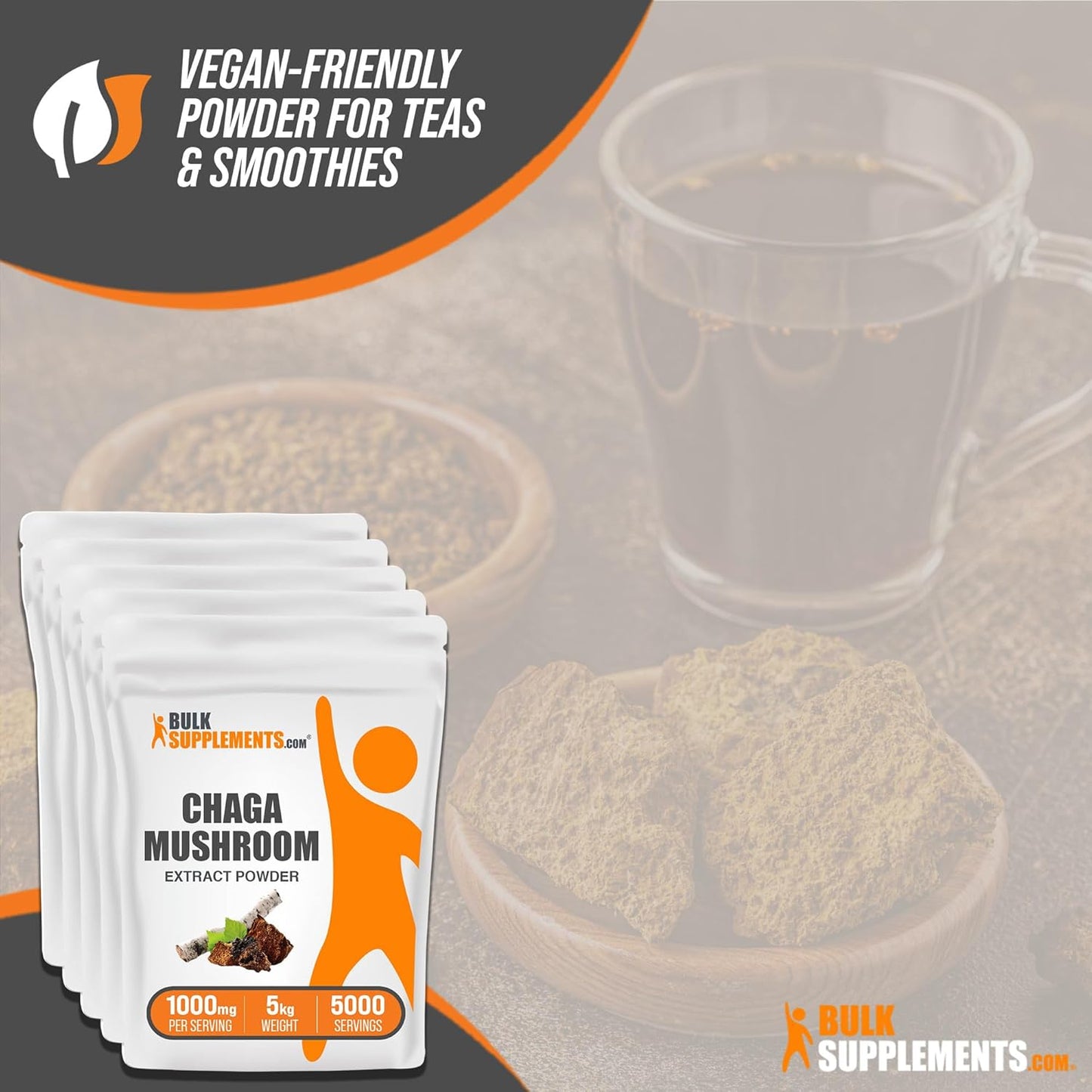 BulkSupplements.com Chaga Mushroom Extract Powder - 1000mg per Serving, Gluten Free Supplement in Bulk (5kg)
