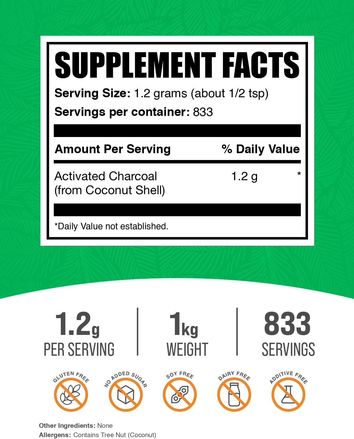 BulkSupplements.com Coconut Charcoal Activated Charcoal Powder - Vegan Teeth Whitening Powder - 1200mg per Serving, 1kg (2.2 lbs)