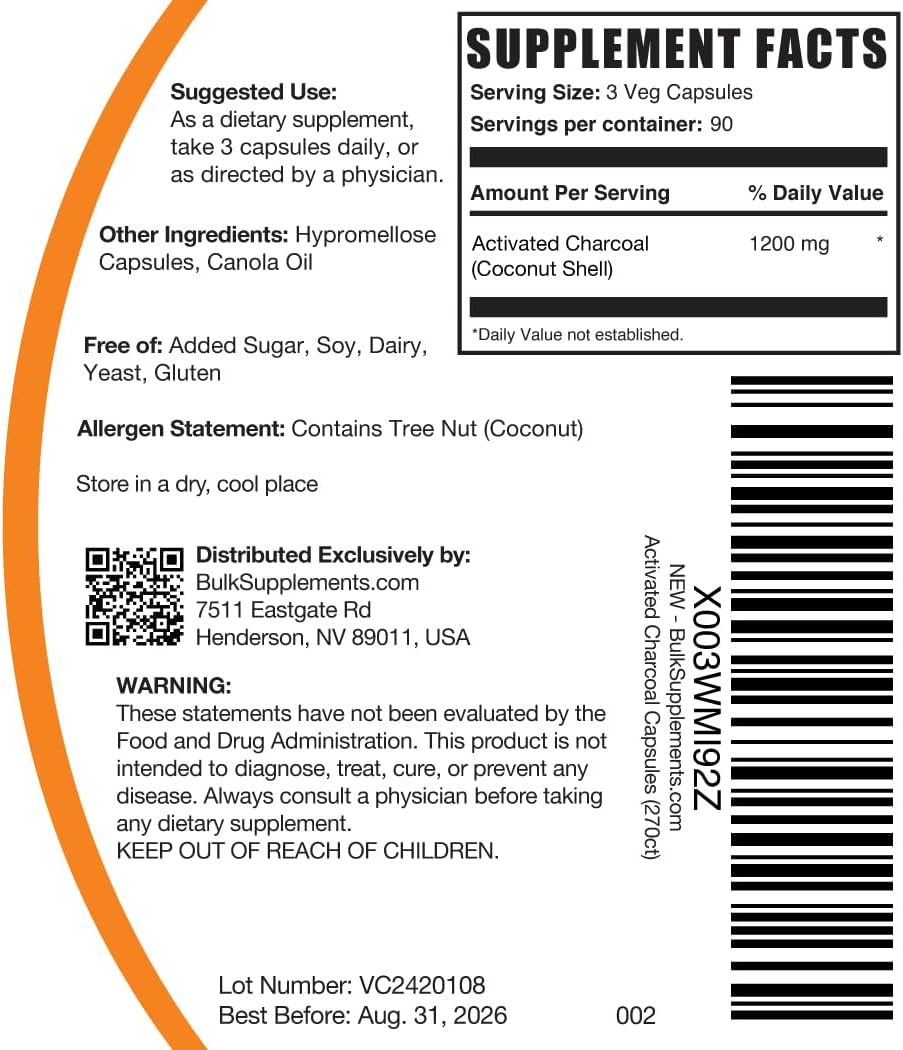 BulkSupplements.com Coconut Charcoal Capsules - Kidney Support, Vegan Activated Charcoal Pills, 270 Veg Capsules, 1200mg per Serving