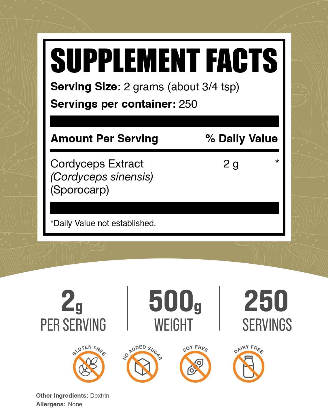 BulkSupplements.com Cordyceps Mushroom Extract Powder - Pure Cordyceps Sinensis Powder - Gluten Free Cordyceps Extract - 2000mg per Serving - 500g (1.1 lbs) - 1 Pack