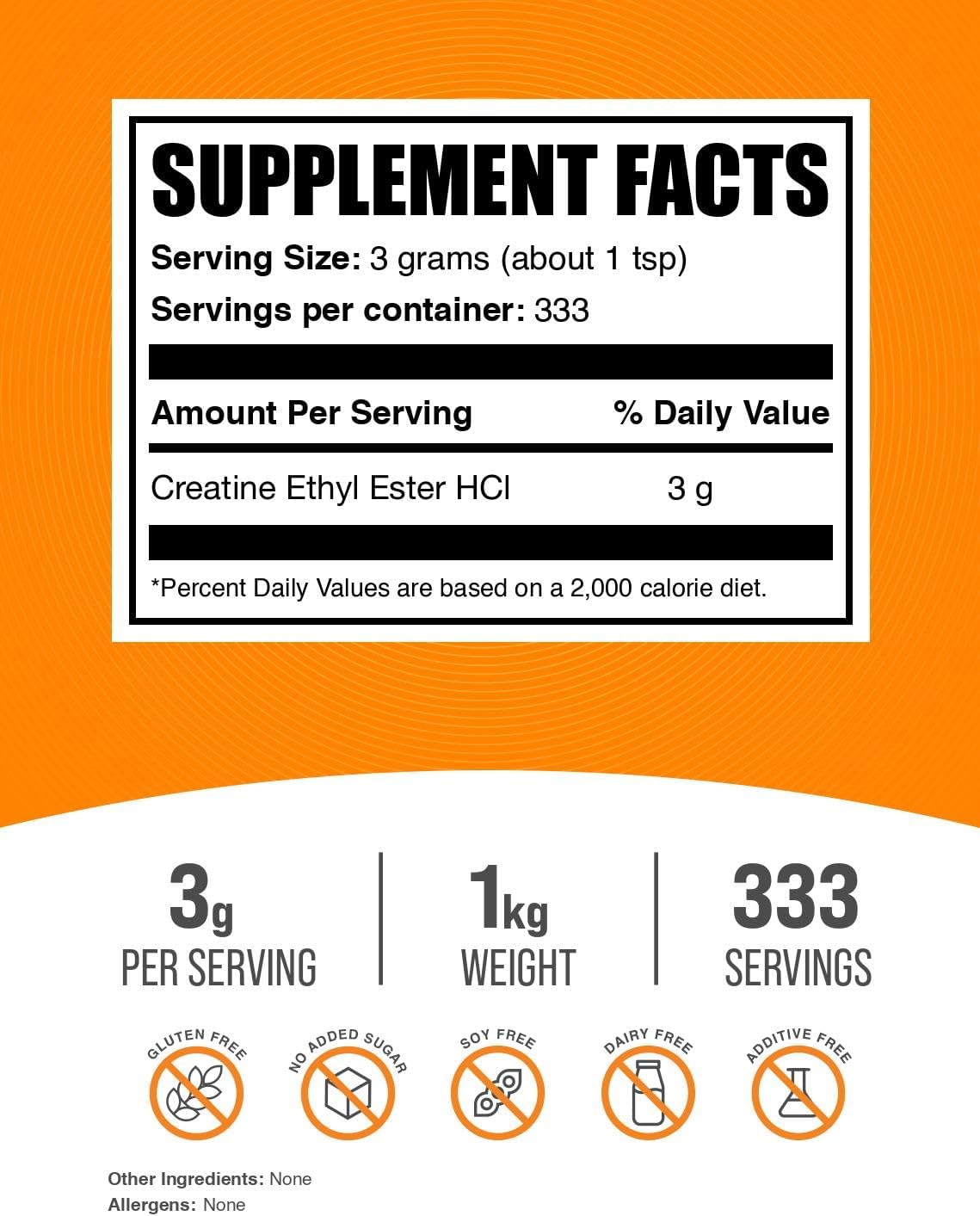 BulkSupplements.com Creatine Ethyl Ester HCl Powder - Unflavored & Gluten Free - 1kg - 3g per Serving - Pack of 1