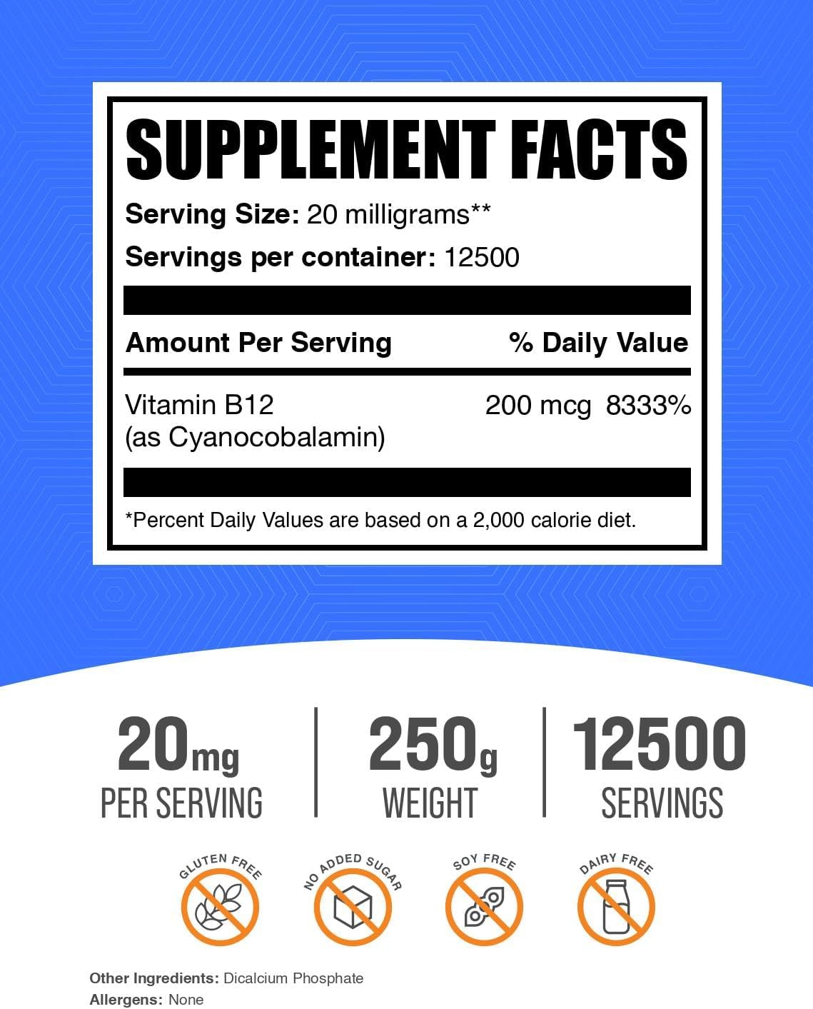 BulkSupplements.com Cyanocobalamin Vitamin B12 Powder - 200 mcg per Serving, Gluten Free Supplement - 250g (8.8 oz) - Pack of 1