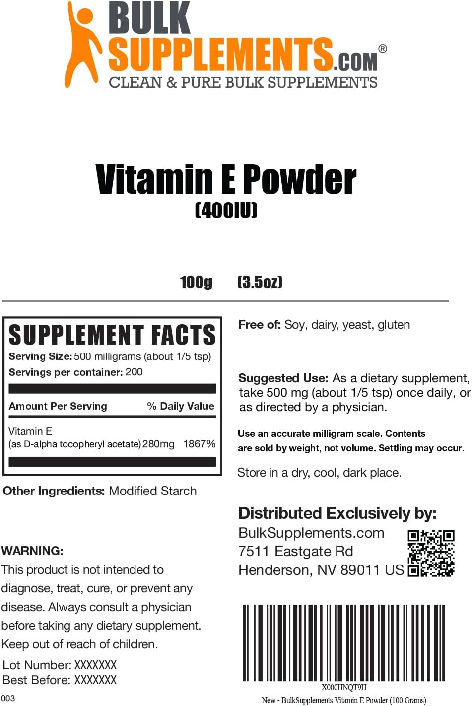 BulkSupplements.com D-Alpha Tocopherol Vitamin E 400 IU Powder - Gluten Free Supplement, 500mg per Serving, 100g (3.5 oz)