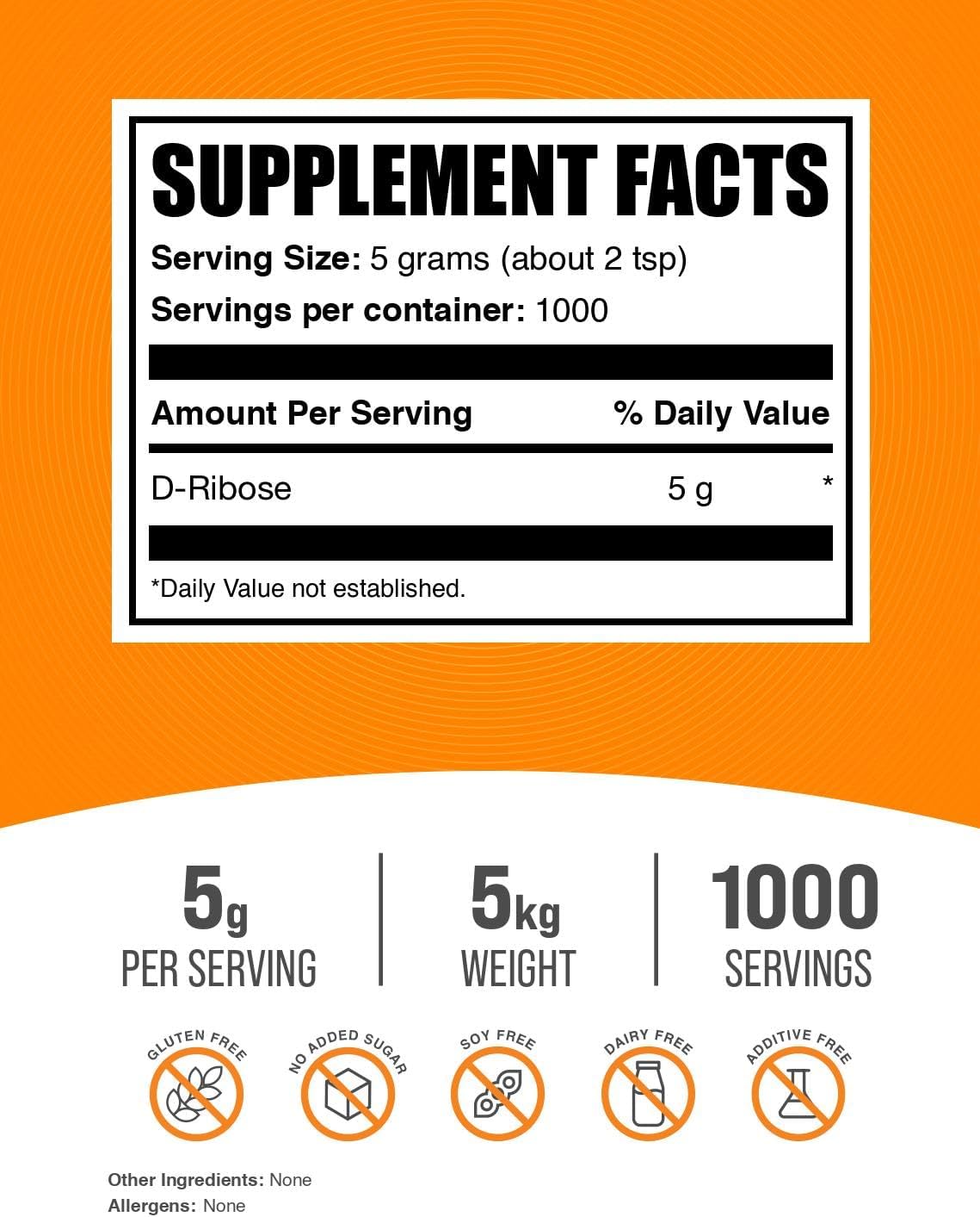 BulkSupplements.com D-Ribose Powder - High Strength Ribose Supplement for Energy Support - 5000mg Unflavored & Gluten Free Powder - 5kg (11 lbs) Pack of 5