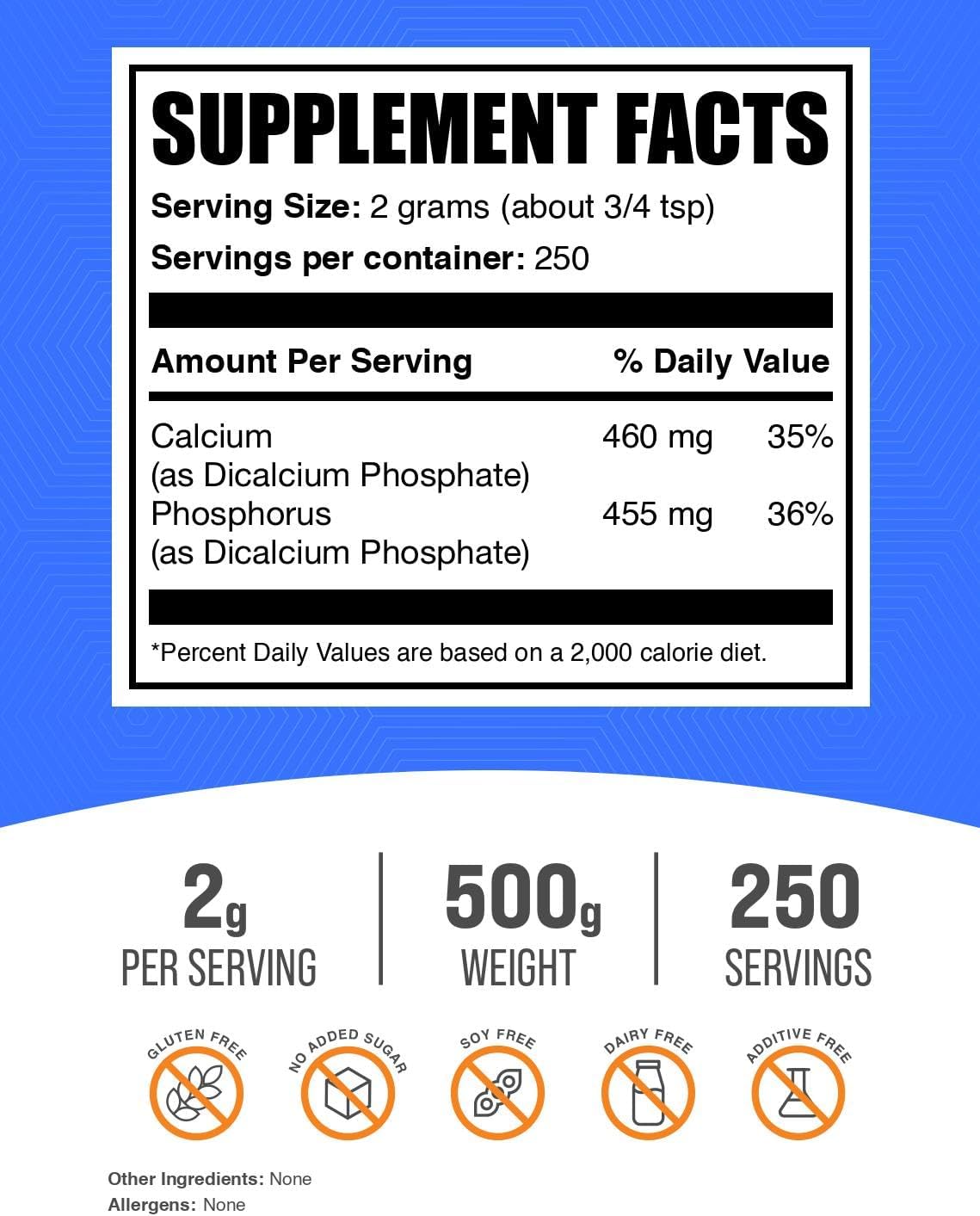 BulkSupplements.com Dicalcium Phosphate Powder - Unflavored Calcium Supplement & Leavening Agent - 2000mg per Serving, 500g (1.1 lbs) - Gluten Free