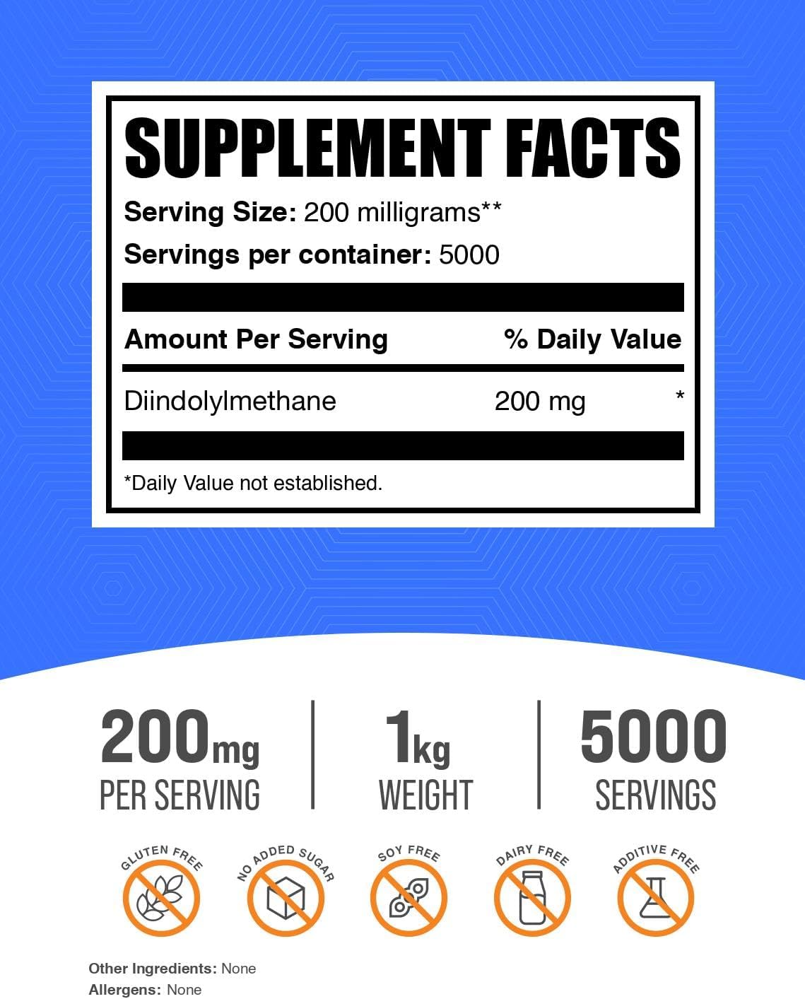 BulkSupplements.com Diindolylmethane (DIM) Powder - 200mg per Serving, Gluten Free Supplement for Men & Women - 1kg (2.2 lbs) Pack of 1