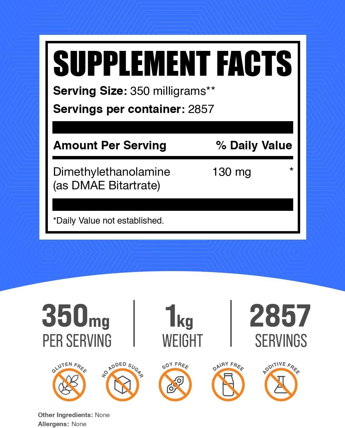 BulkSupplements.com DMAE Bitartrate Powder - 350mg per Serving, 1kg (2.2 lbs) - Gluten Free DMAE Supplement Powder - Dimethylaminoethanol Bitartrate - Pack of 1