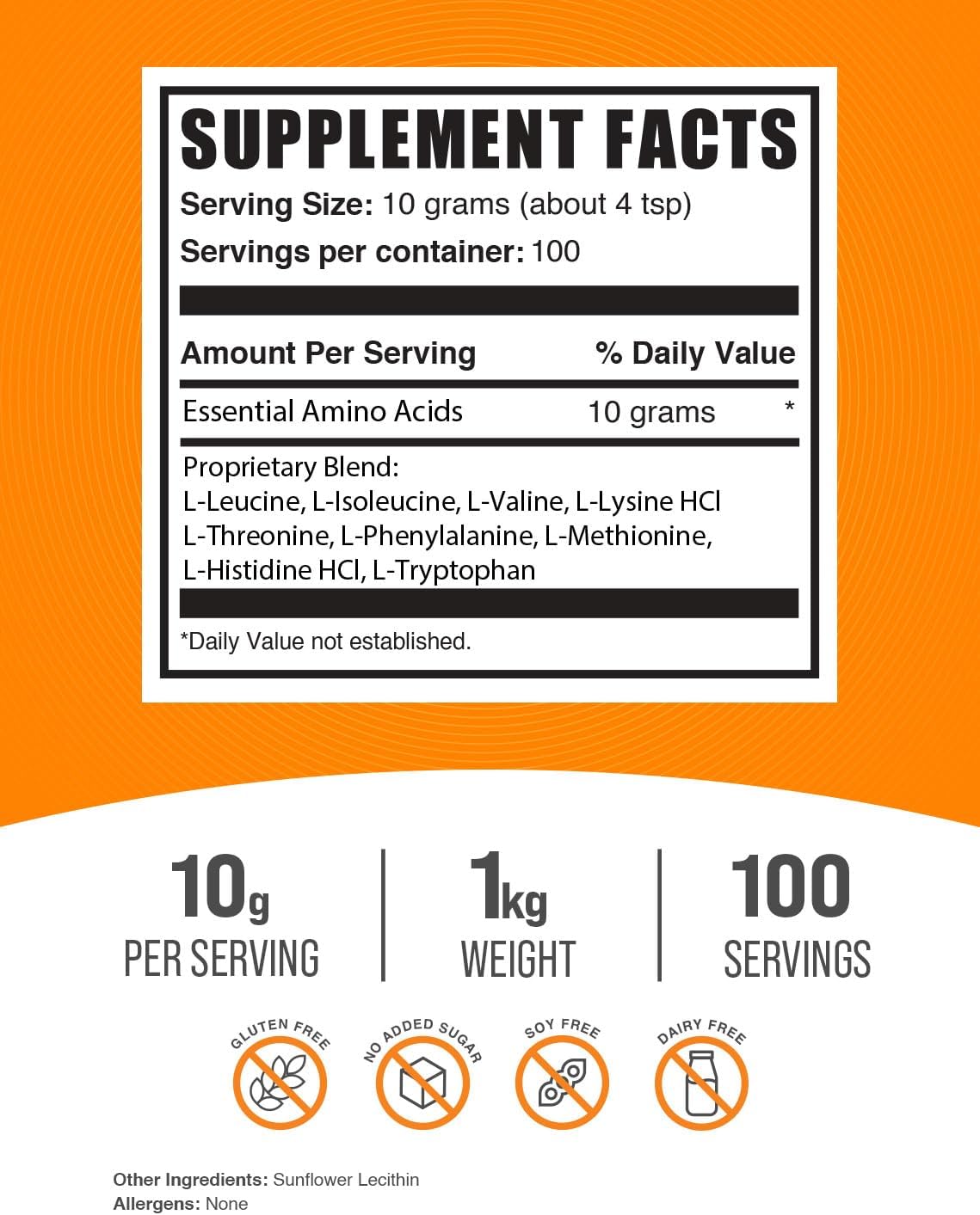 BulkSupplements.com Essential Amino Acids Powder - Unflavored EAA Supplement, Gluten-Free, 10g EAAs per Serving, 1kg (2.2 lbs) Pack