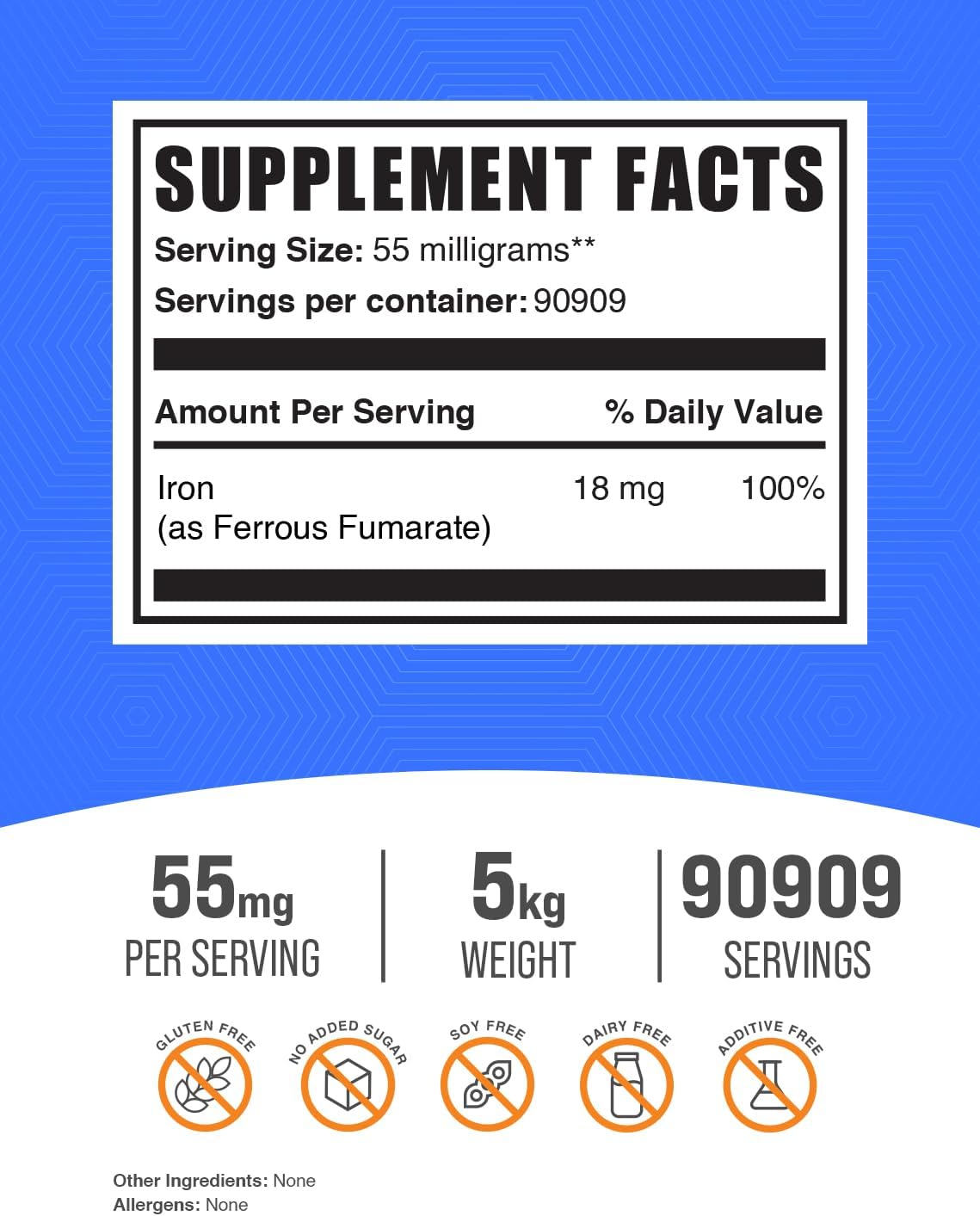 BulkSupplements.com Ferrous Fumarate Powder - Iron Supplement, Essential Mineral, 18mg Iron per Serving, Gluten Free - 5kg (11 lbs) Pack of 5