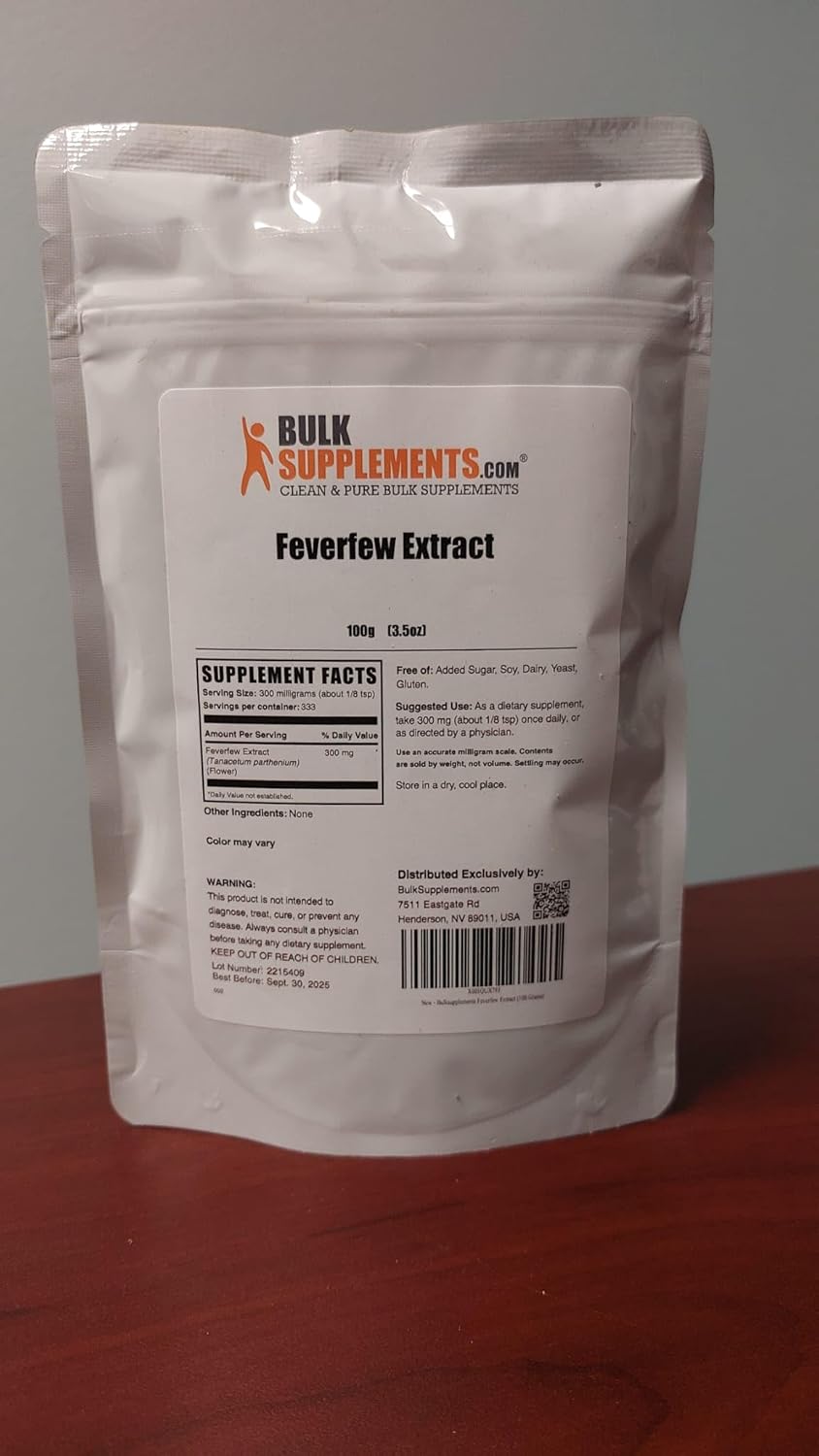 BulkSupplements.com Feverfew Extract Powder - Herbal Supplement, 300mg per Serving, Gluten Free - 100g (3.5 oz) - Pack of 1