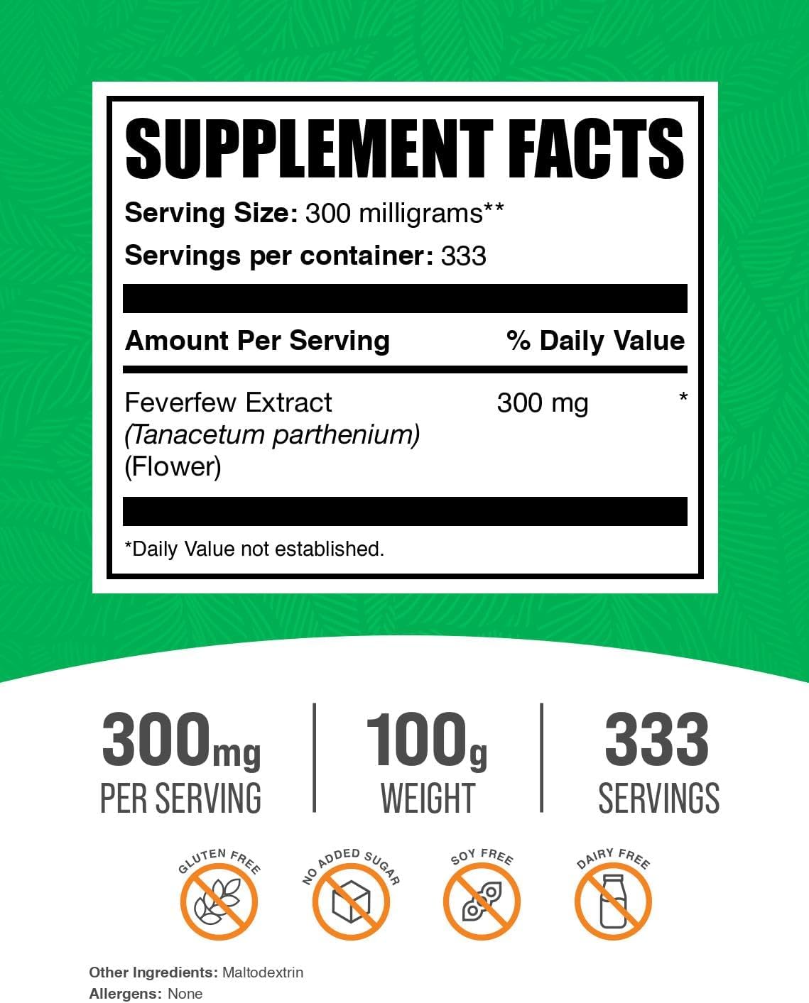 BulkSupplements.com Feverfew Extract Powder - Herbal Supplement, 300mg per Serving, Gluten Free - 100g (3.5 oz) - Pack of 1