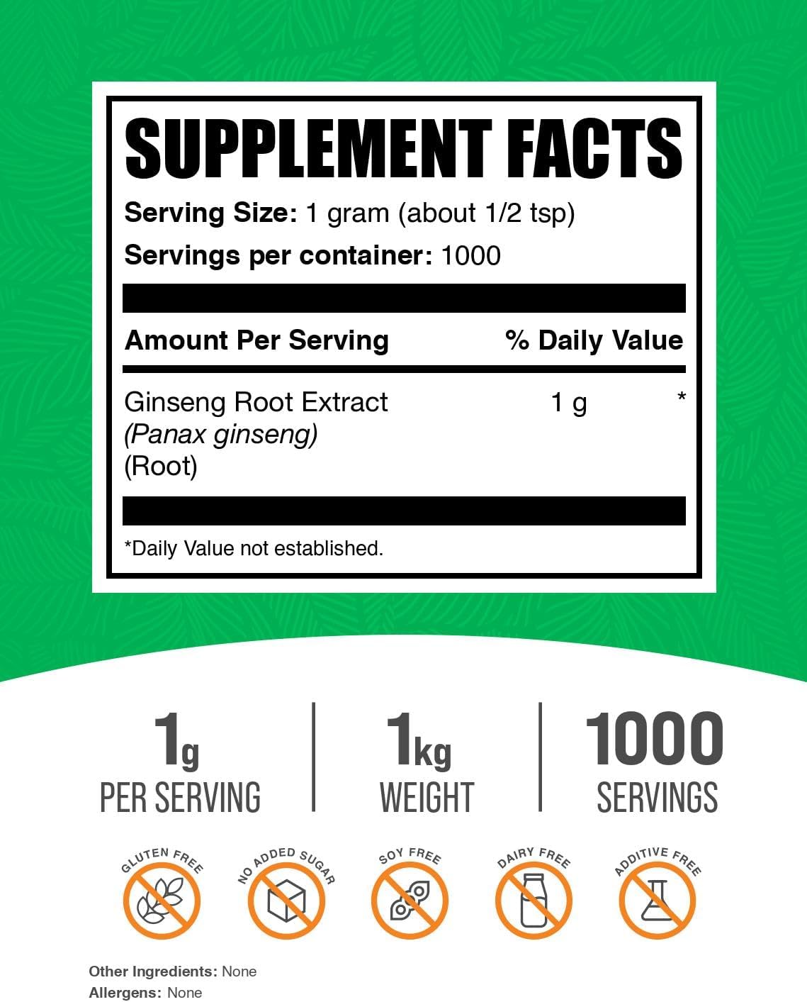 BulkSupplements.com Ginseng Root Extract Powder - 1000mg per Serving, Panax Ginseng Supplement, Herbal Vegan & Gluten Free - 1kg (2.2 lbs) Pack of 1