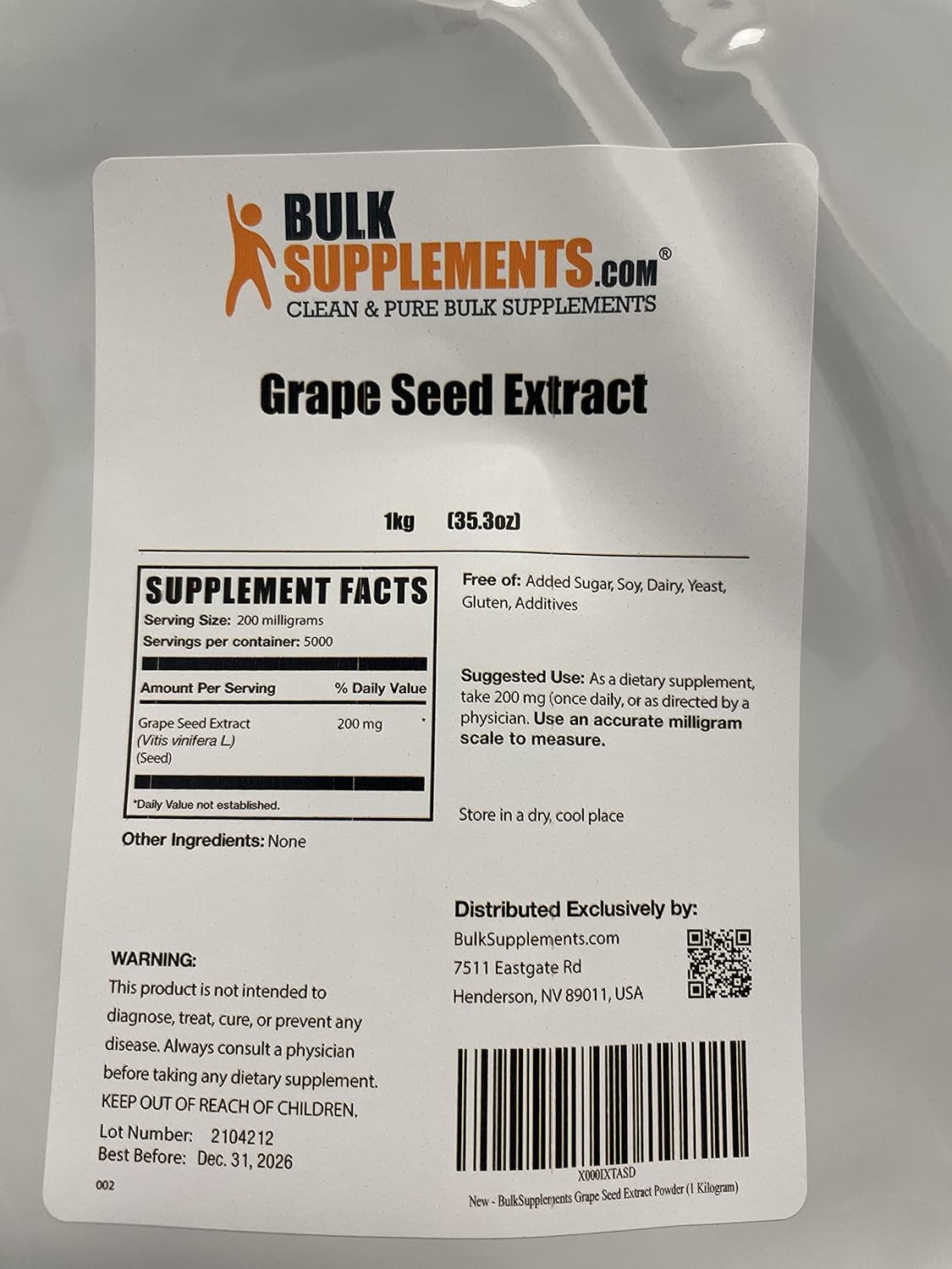 BulkSupplements.com Grape Seed Extract Powder - Antioxidant Herbal Supplement, Gluten Free, 200mg per Serving, 1kg (2.2 lbs)