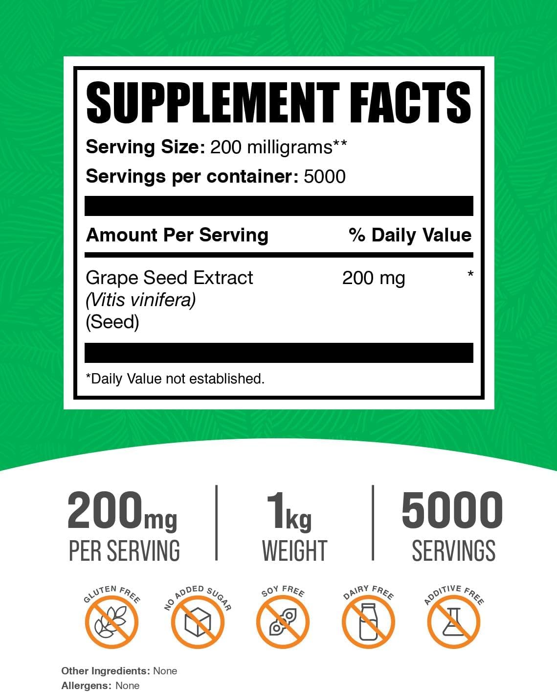 BulkSupplements.com Grape Seed Extract Powder - Antioxidant Herbal Supplement, Gluten Free, 200mg per Serving, 1kg (2.2 lbs)