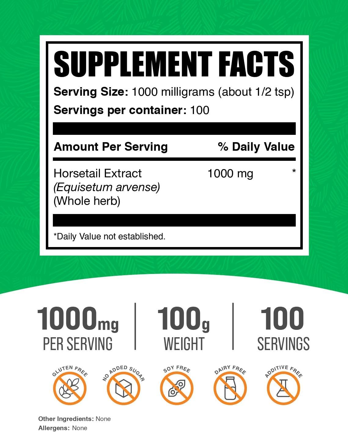 BulkSupplements.com Horsetail Extract Powder - Silica Supplement from Horsetail Herb - Gluten Free, 100g (3.5 oz) - Pack of 1