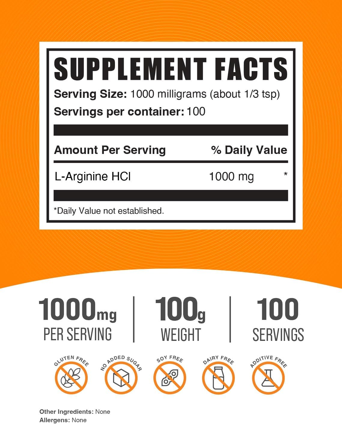 BulkSupplements.com L-Arginine HCl Powder - Pure Nitric Oxide Supplement, Gluten-Free - 1000mg per Serving - 100g (3.5 oz)