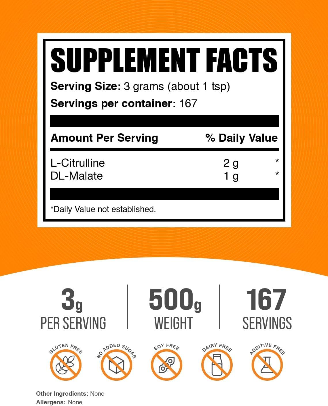 BulkSupplements.com L-Citrulline Malate 2:1 Powder - Unflavored Citrulline Malate Supplement - Gluten-Free, 3g per Serving - 500g Pack