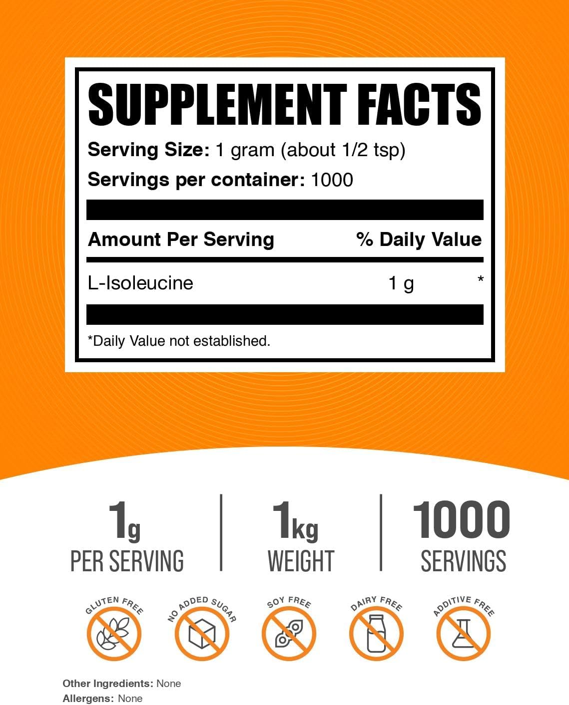 BulkSupplements.com L-Isoleucine Powder - BCAA Amino Acid Supplement, 1000mg per Serving, 1kg - Unflavored & Gluten Free