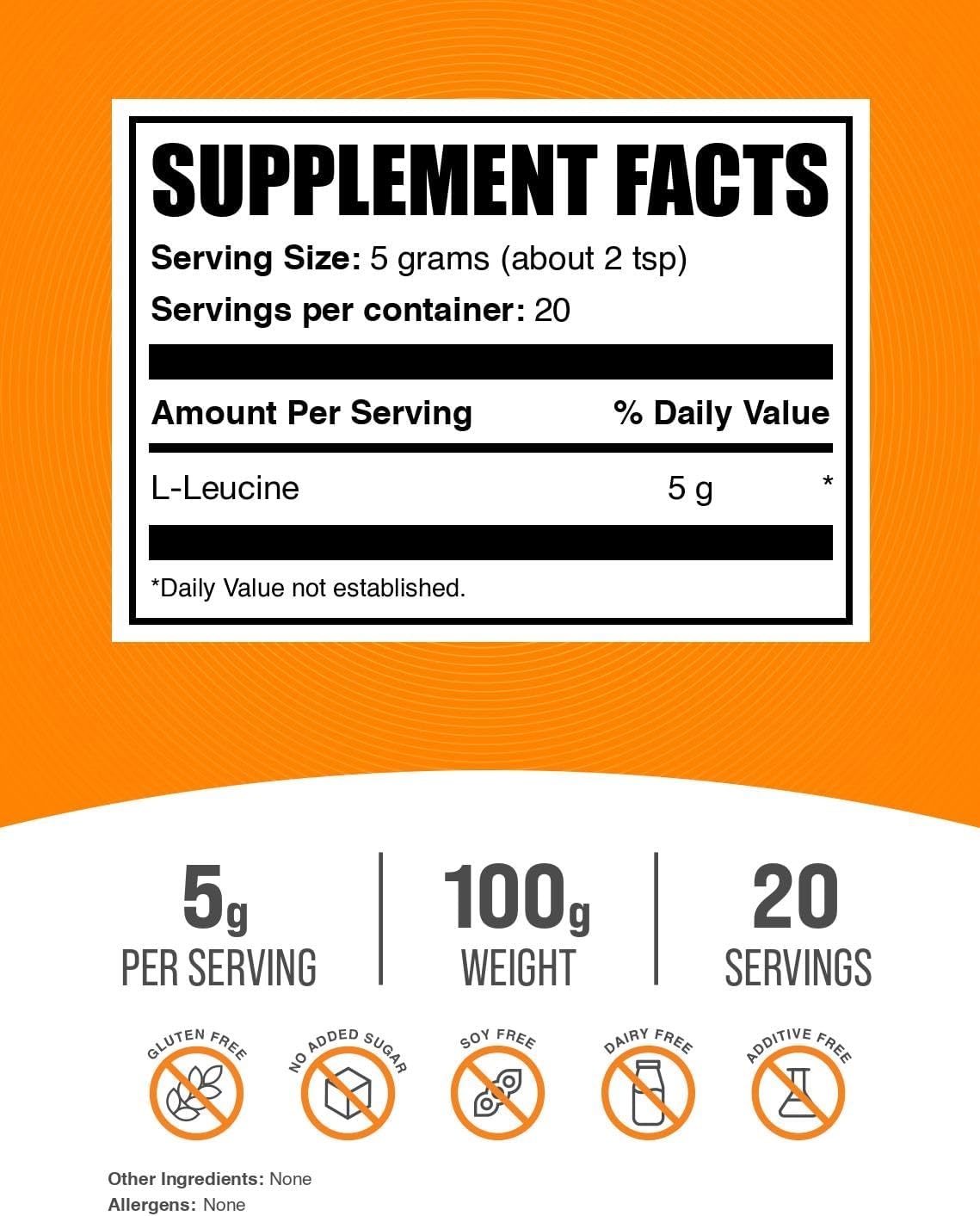 BulkSupplements.com L-Leucine Powder - BCAA Amino Acid Supplement, Unflavored, 100g (3.5 oz) - 5000mg per Serving - Pack of 1