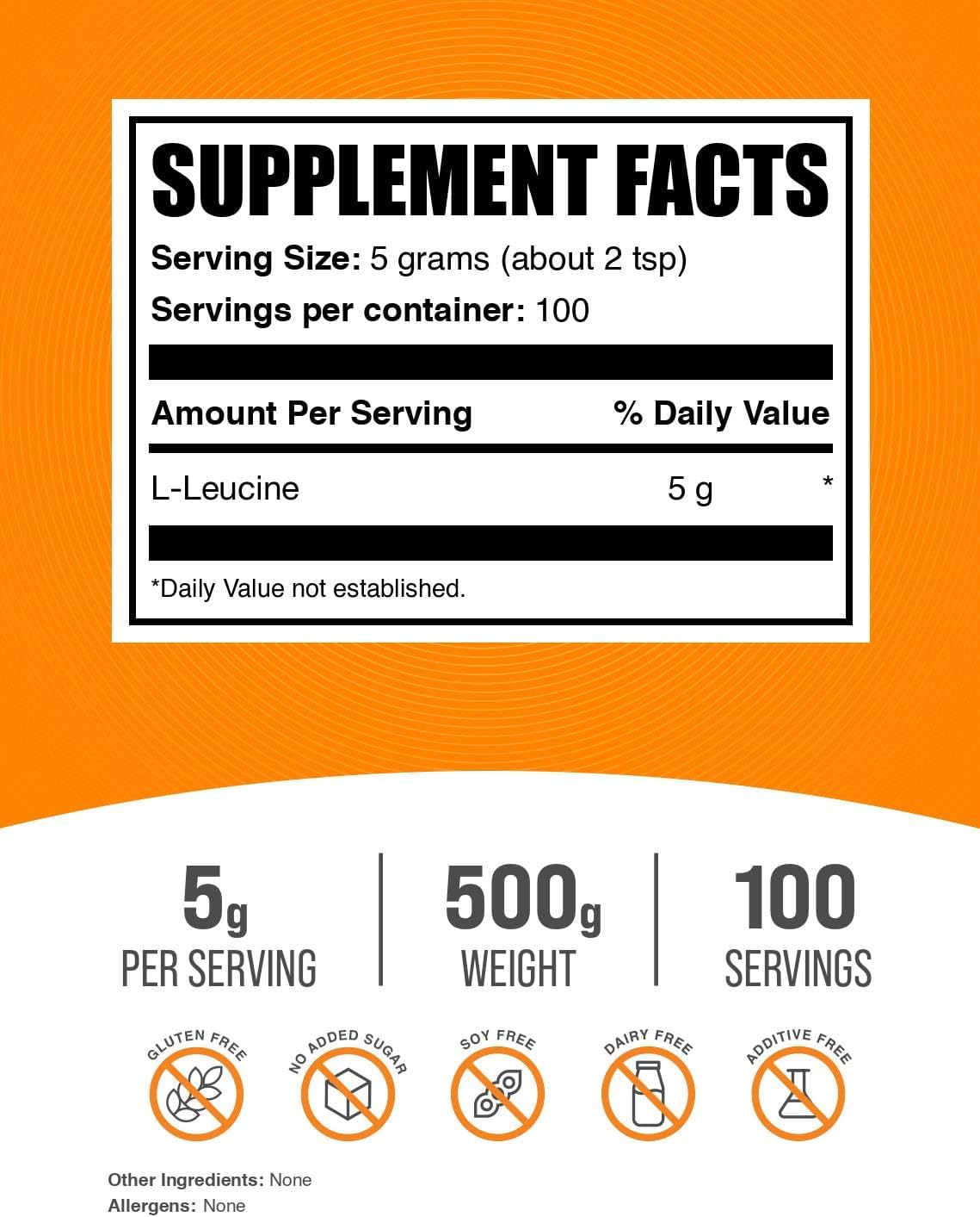 BulkSupplements.com L-Leucine Powder - BCAA Amino Acid Supplement, 5000mg per Serving, Unflavored, 500g (1.1 lbs)