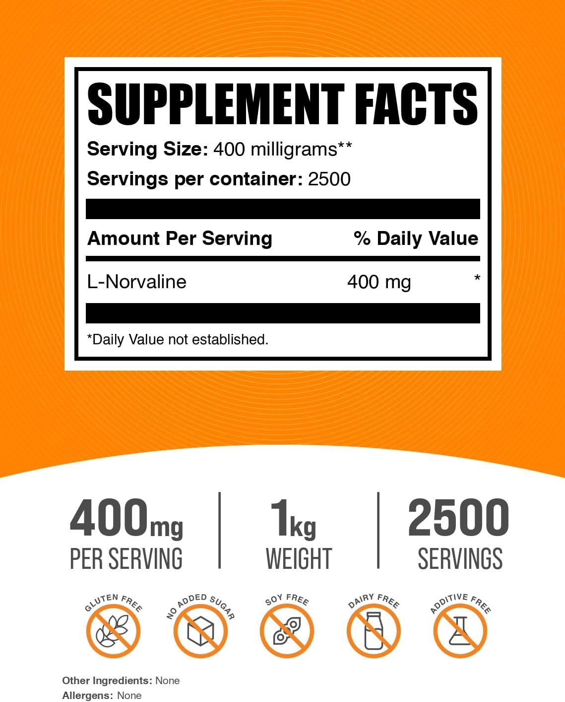 BulkSupplements.com L-Norvaline Powder - Nitric Oxide Boost, Amino Acid Supplement - Gluten Free, 400mg per Serving, 1kg (2.2 lbs) (1 Pack)