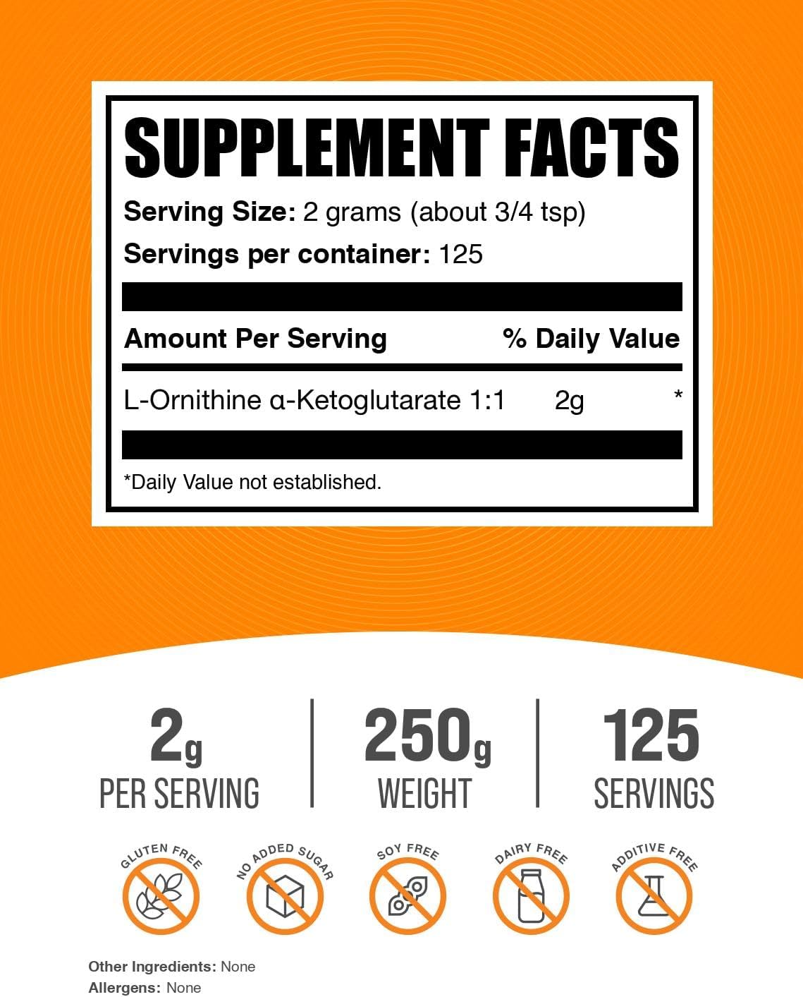 BulkSupplements.com L-Ornithine Alpha-Ketoglutarate Powder - 2000mg per Serving, 250g - Nitric Oxide & Ornithine Supplement, Gluten Free - OKG Powder, 8.8 oz (Pack of 1)