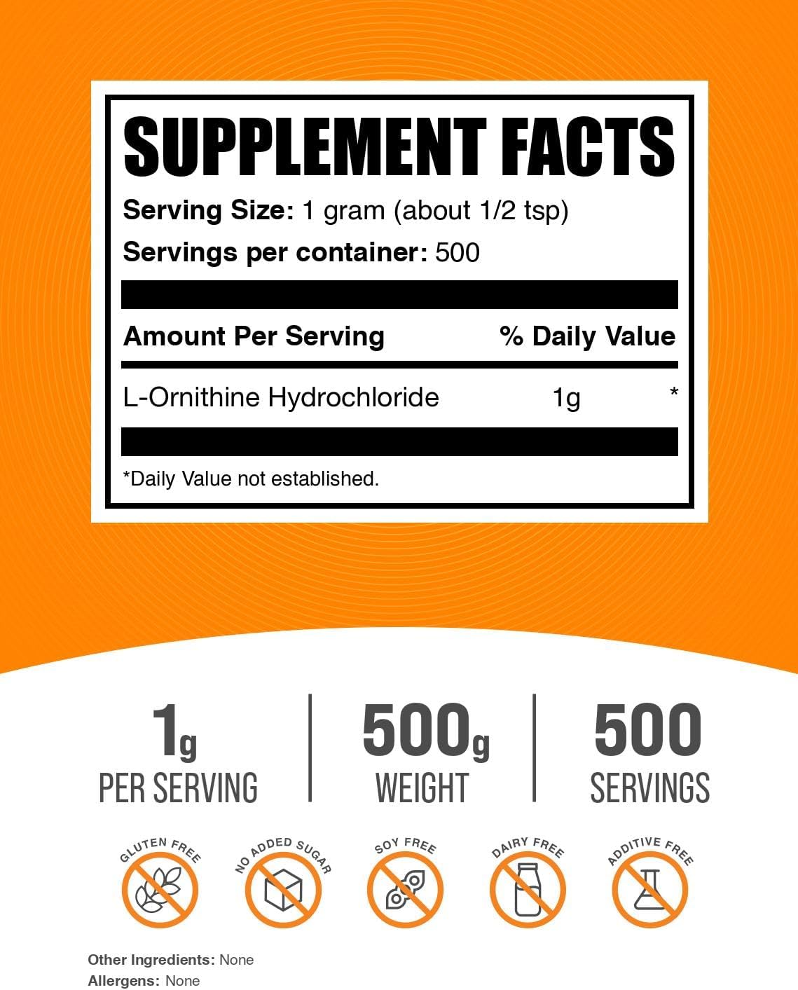 BulkSupplements.com L-Ornithine HCl Powder - Amino Acids Supplement, 1000mg per Serving, 500g (1.1 lbs) - Gluten Free, Pack of 1
