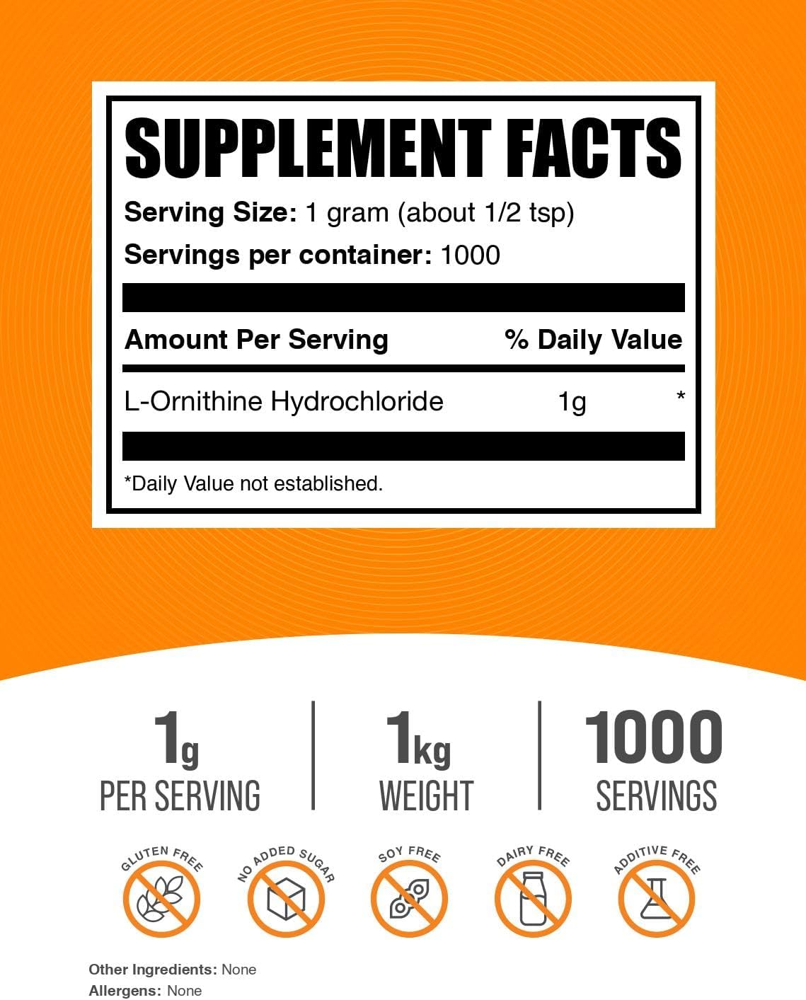 BulkSupplements.com L-Ornithine HCl Powder - High Quality Ornithine Supplement, 1000mg per Serving, Gluten Free, 1kg - Amino Acid Powder