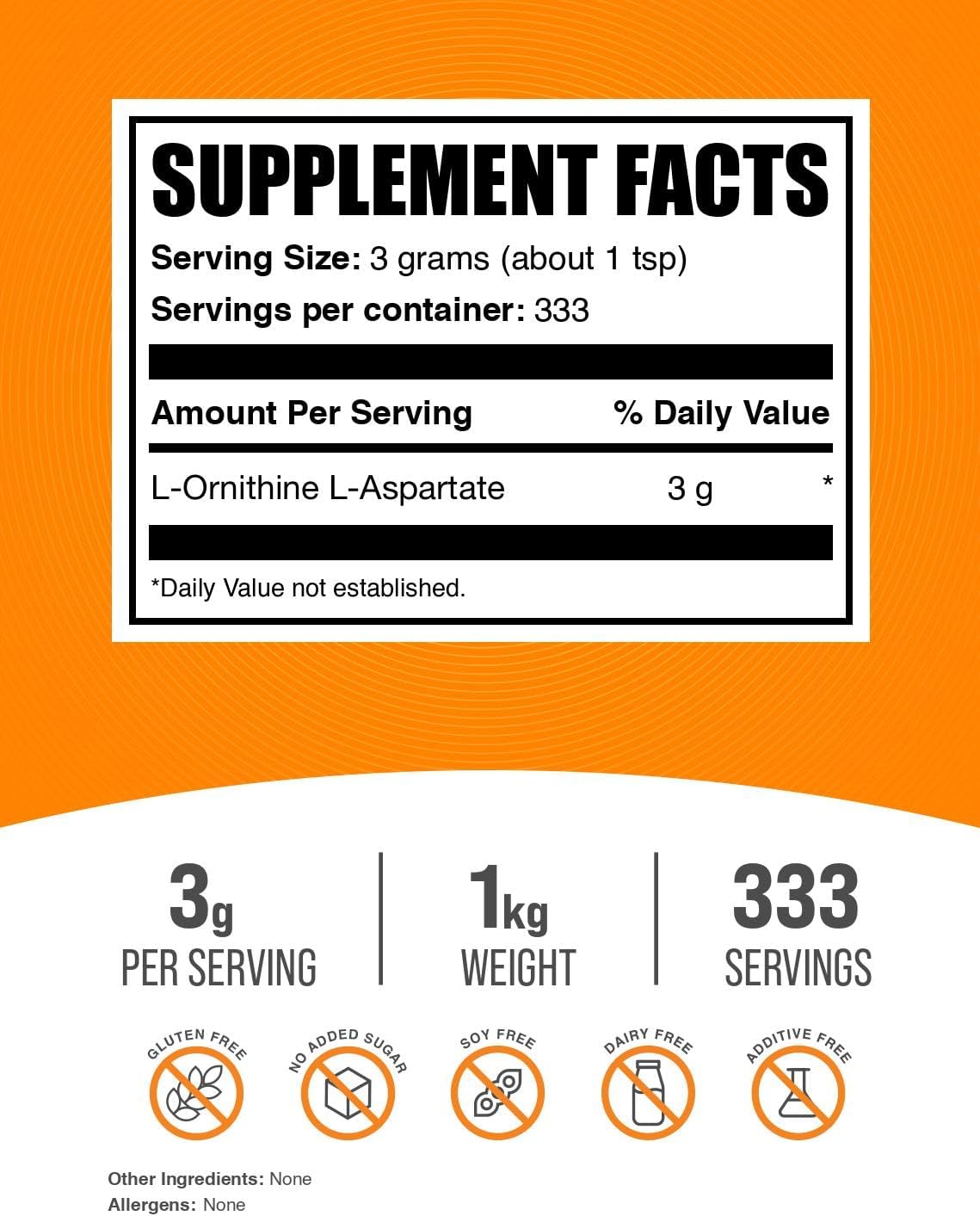 BulkSupplements.com L-Ornithine L-Aspartate Powder - Pure Amino Acid Supplement, Gluten Free, 1kg Pack - Ornithine Powder with 3g per Serving