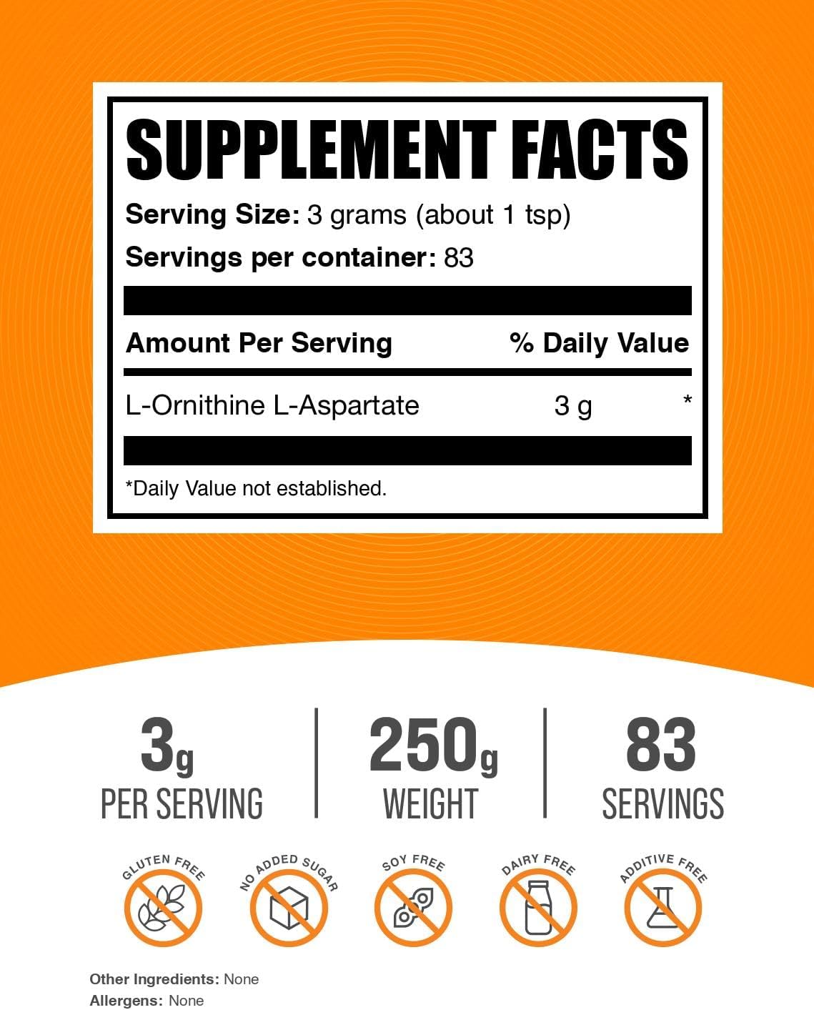 BulkSupplements.com L-Ornithine L-Aspartate Powder - Amino Acid Supplement, Gluten Free, 250g (8.8 oz) (1 Pack)