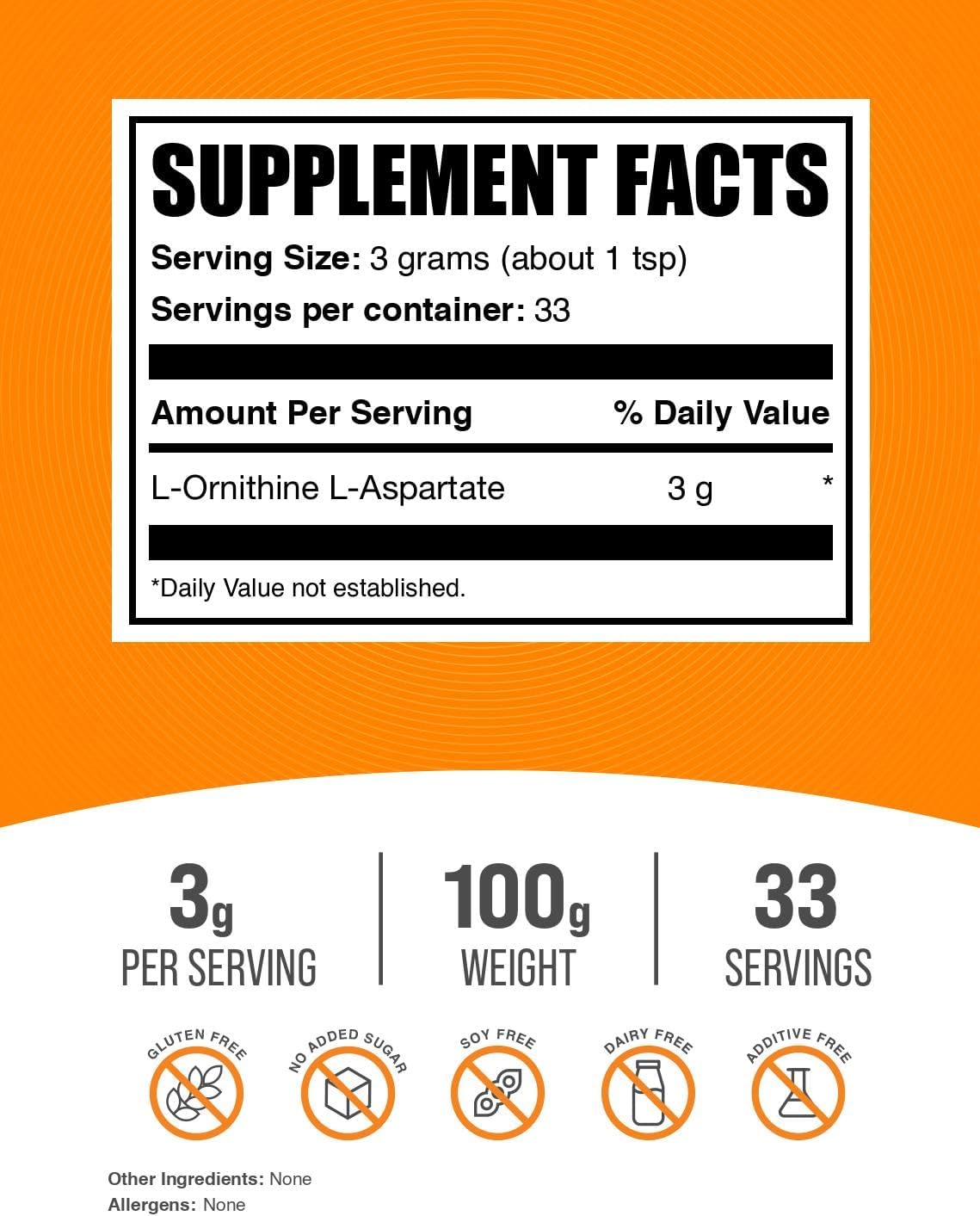 BulkSupplements.com L-Ornithine L-Aspartate Powder - Amino Acid Supplement, Gluten Free, 100g (3.5 oz)