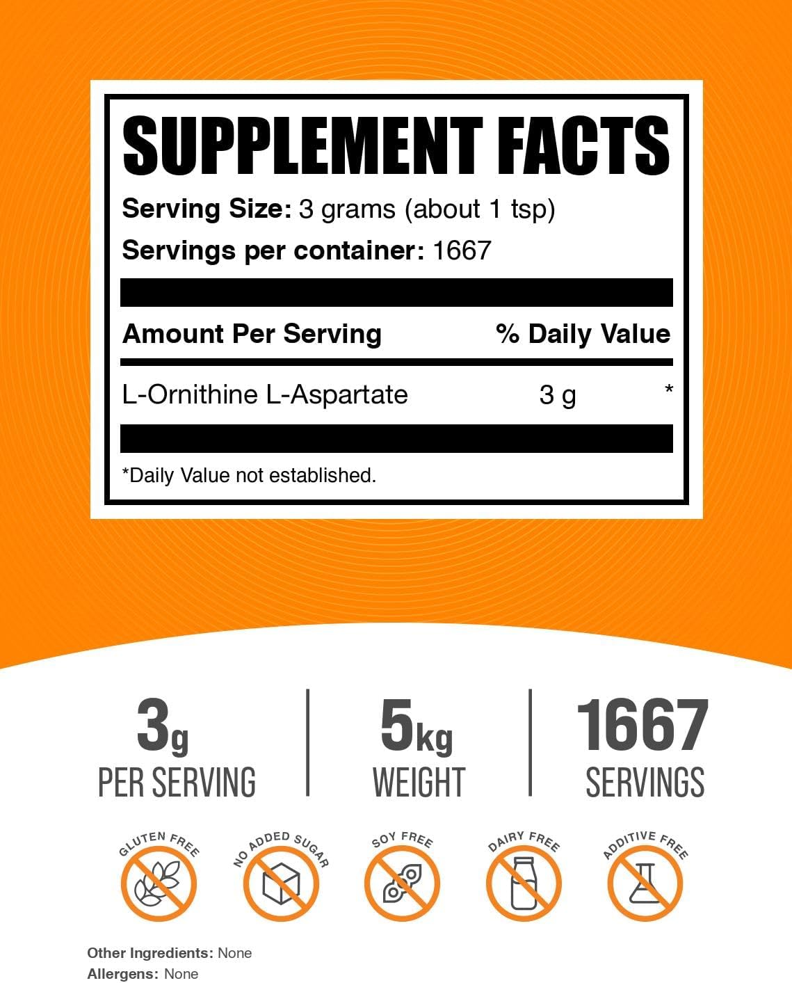 BulkSupplements.com L-Ornithine L-Aspartate Powder - Amino Acid Supplement, Gluten Free, 15kg (33 lbs) Total - Pack of 5