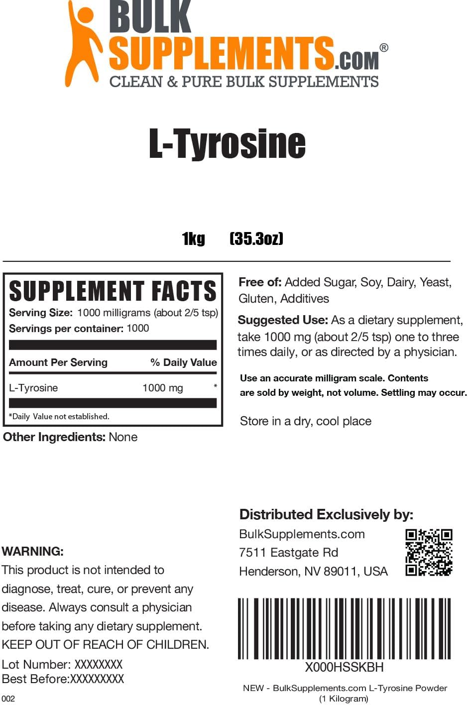 BulkSupplements.com L-Tyrosine Powder - Non-Essential Amino Acid Supplement, Gluten Free, 1000mg per Serving, 5kg (11 lbs)