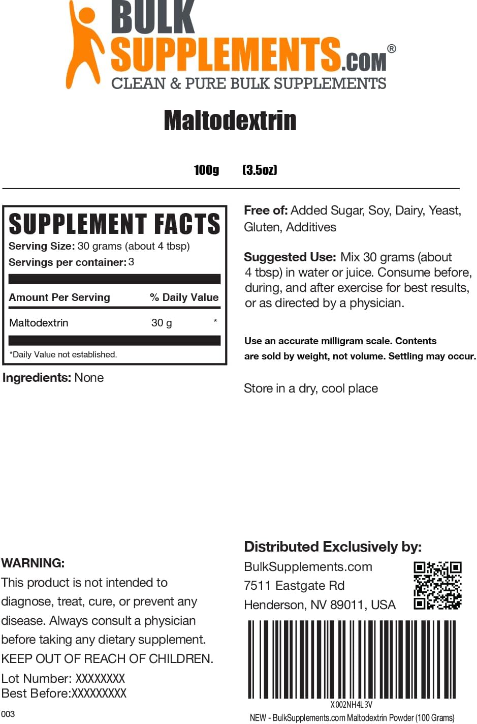 BulkSupplements.com Maltodextrin Powder - Energy Boost Supplement, Food Grade Unflavored & Gluten Free - 100g (3.5 oz) - Pack of 1