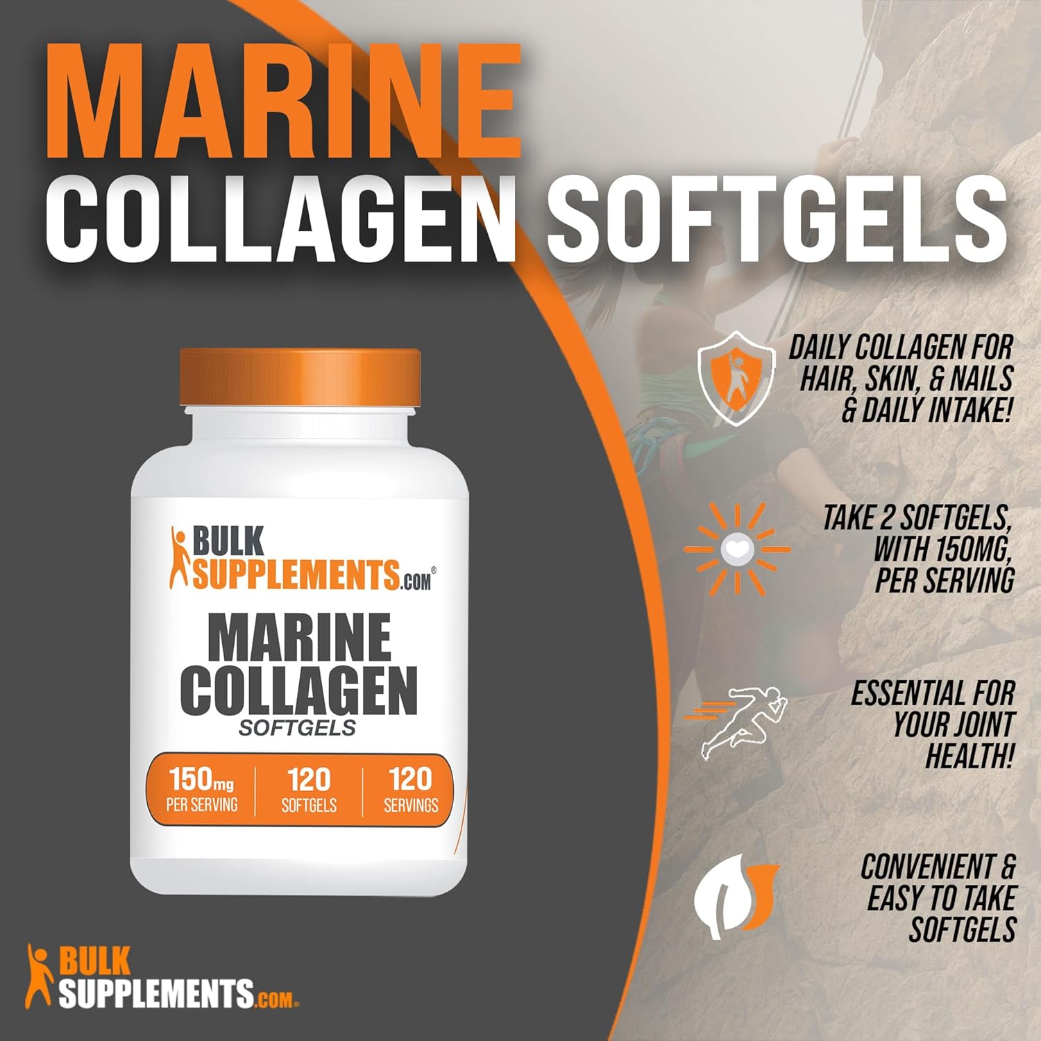 BulkSupplements.com Marine Collagen Softgels - 150mg Collagen Supplement for Women & Men - Gluten Free, 120 Count
