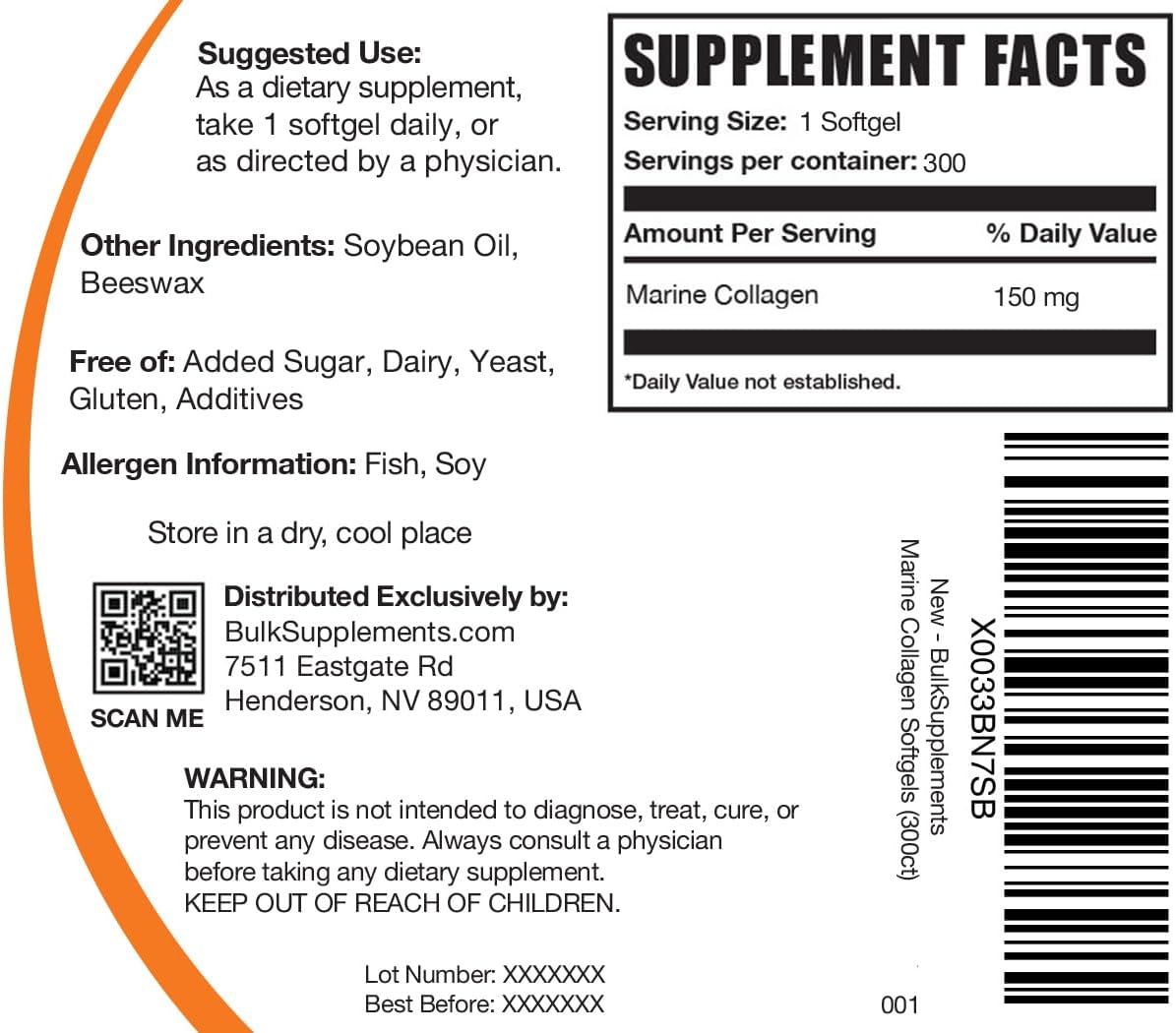BulkSupplements.com Marine Collagen Softgels - Gluten Free Fish Collagen Supplement - 300 Softgels, 150mg Marine Collagen Peptides Pills