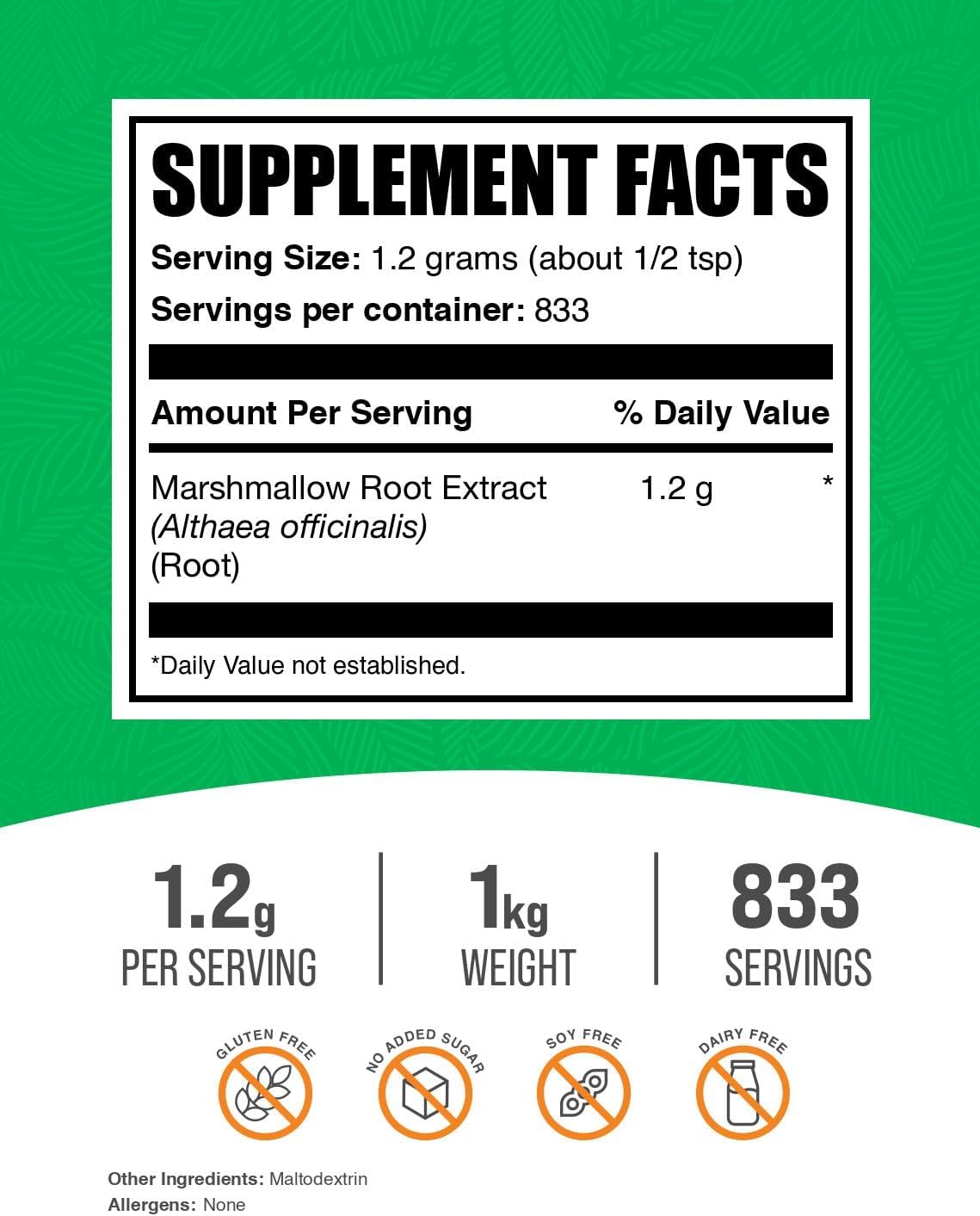 BulkSupplements.com Marshmallow Root Extract Powder - Herbal Supplement, Gluten Free, 1200mg per Serving, 1kg (2.2 lbs) Pack of 1 - Marshmallow Root Extract Supplement