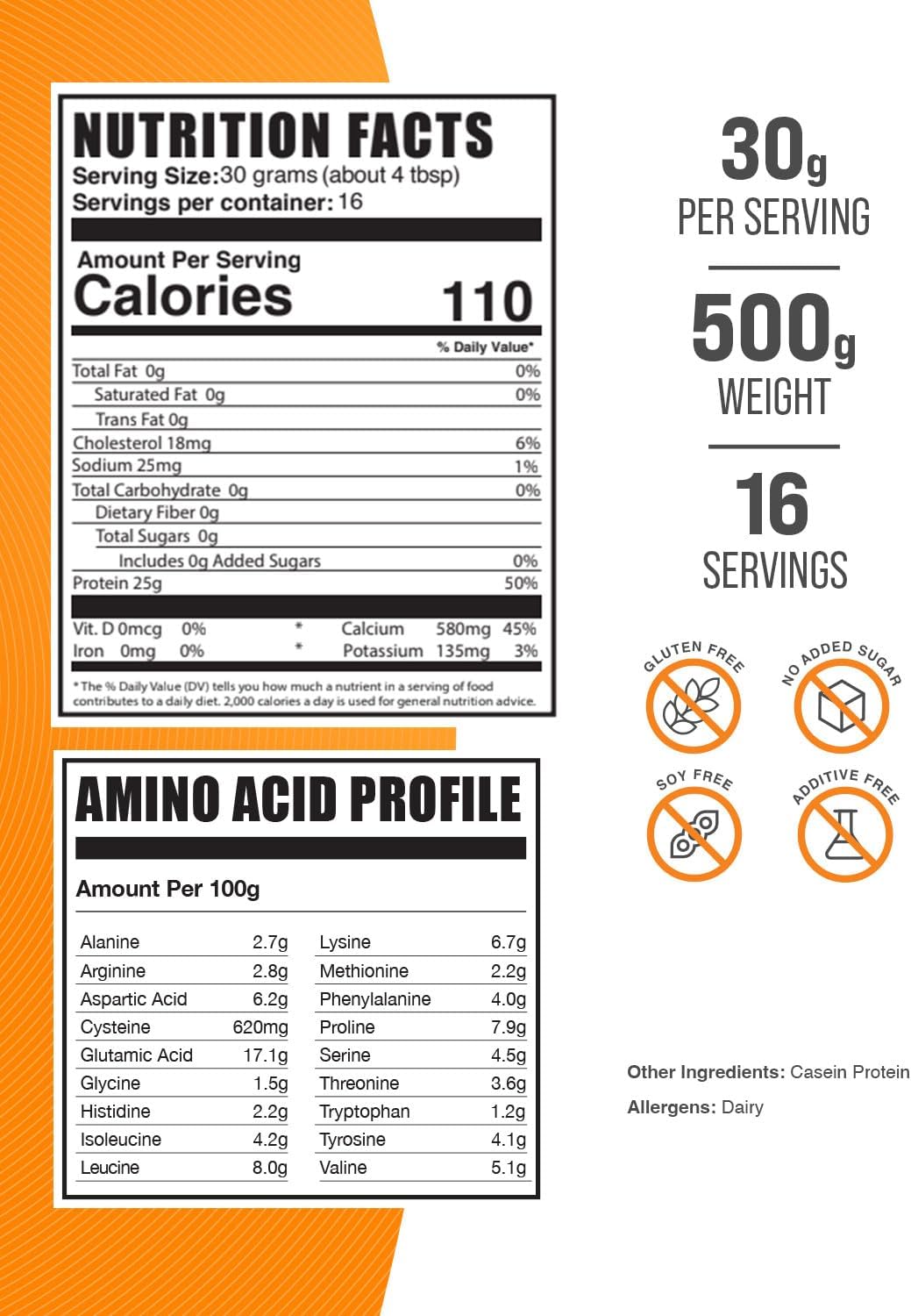 BulkSupplements.com Micellar Casein Protein Powder - Unflavored & Gluten Free - 500g (1.1 lbs) - 30g per Serving