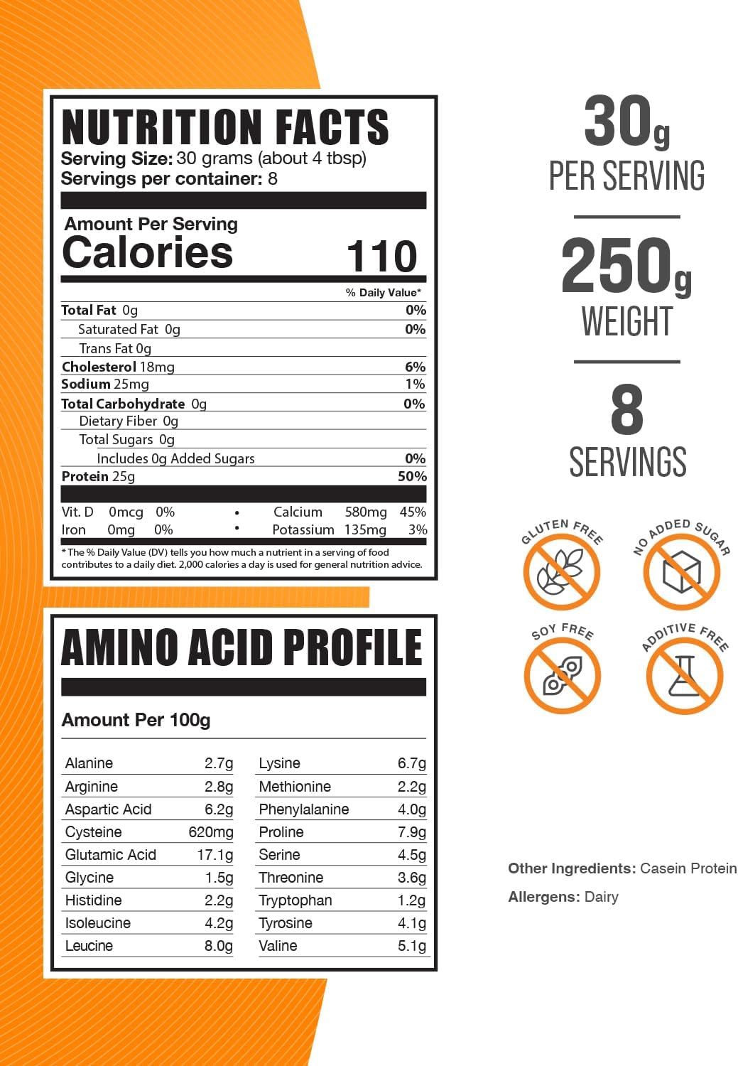 BulkSupplements.com Micellar Casein Protein Powder - Gluten & Soy Free, 30g per Serving, 250g (8.8 oz) - Pack of 1