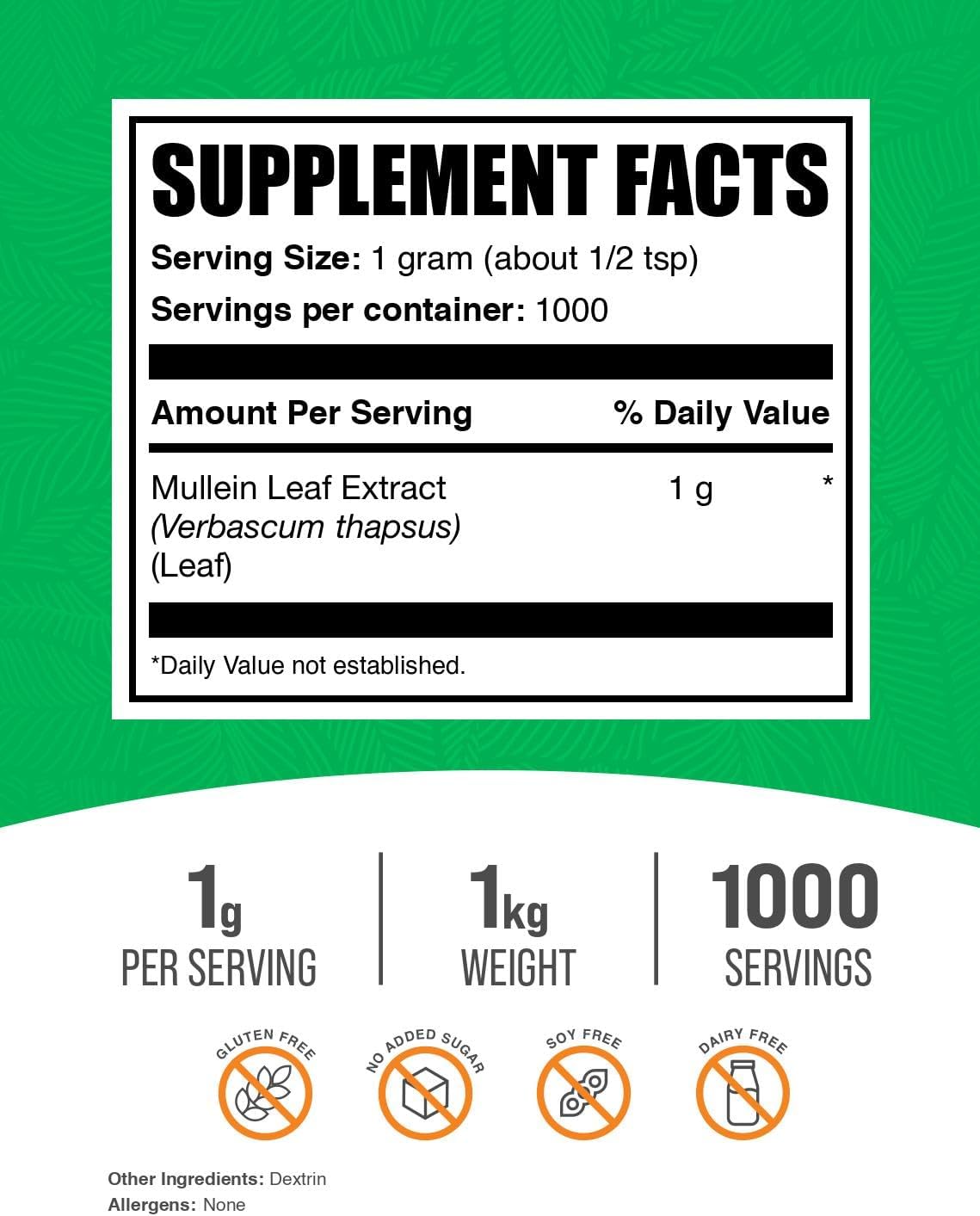 BulkSupplements.com Mullein Leaf Extract - 1000mg Herbal Supplement for Immune Support - Gluten Free - 1kg (2.2 lbs) Pack