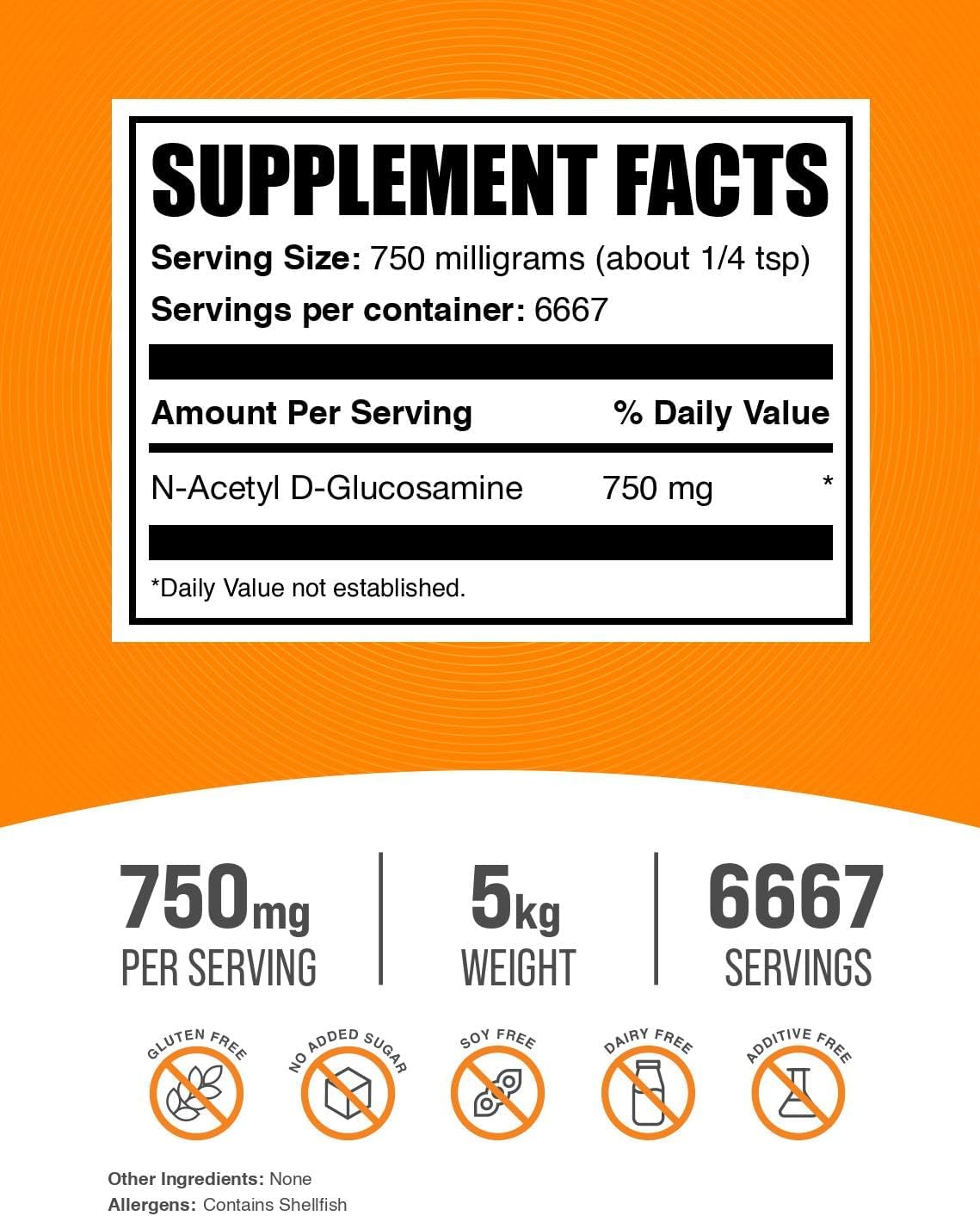 BulkSupplements.com N-Acetyl Glucosamine Powder - 5kg (11 lbs) - Pack of 5, Gluten Free Glucosamine Supplement with 750mg per Serving