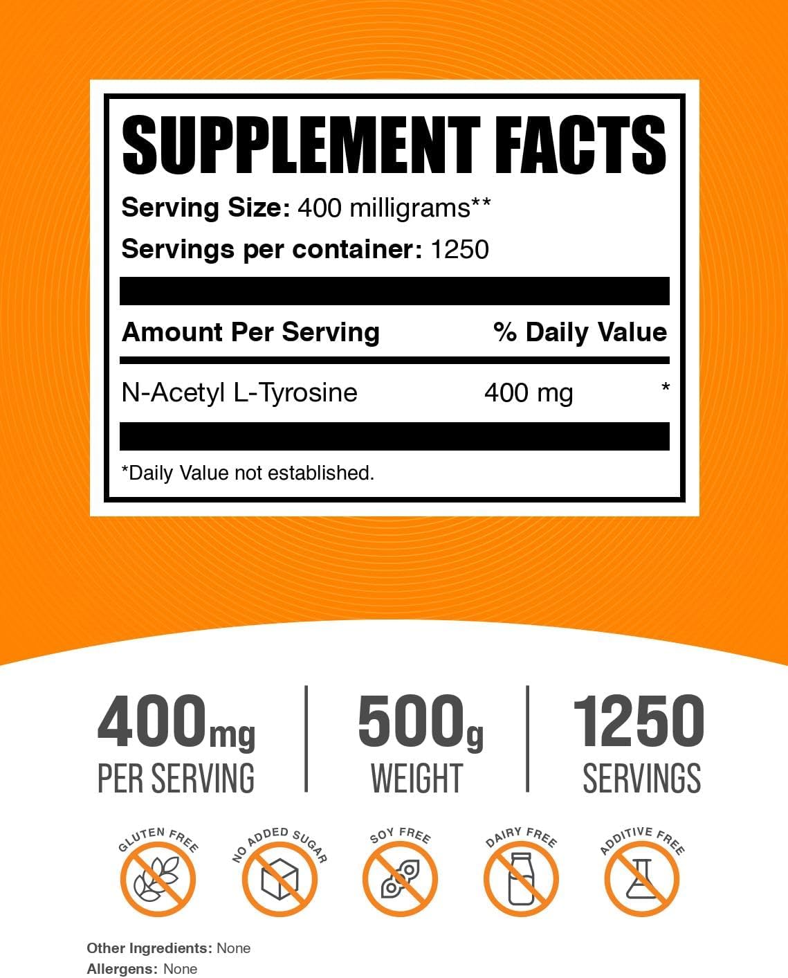 BulkSupplements.com N-Acetyl L-Tyrosine Powder - Amino Acid Supplement, Unflavored, Gluten Free, 500g - 400mg per Serving