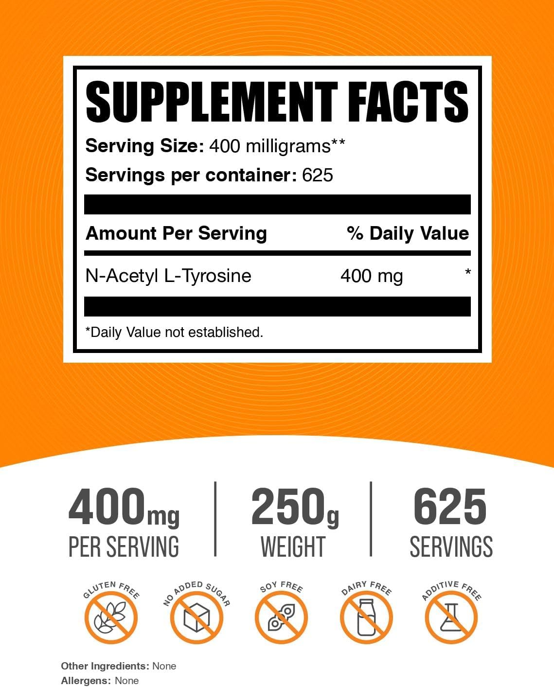 BulkSupplements.com N-Acetyl L-Tyrosine Powder - Amino Acid Supplement, Unflavored & Gluten-Free, 250g (8.8 oz) - 400mg per Serving - Pack of 1