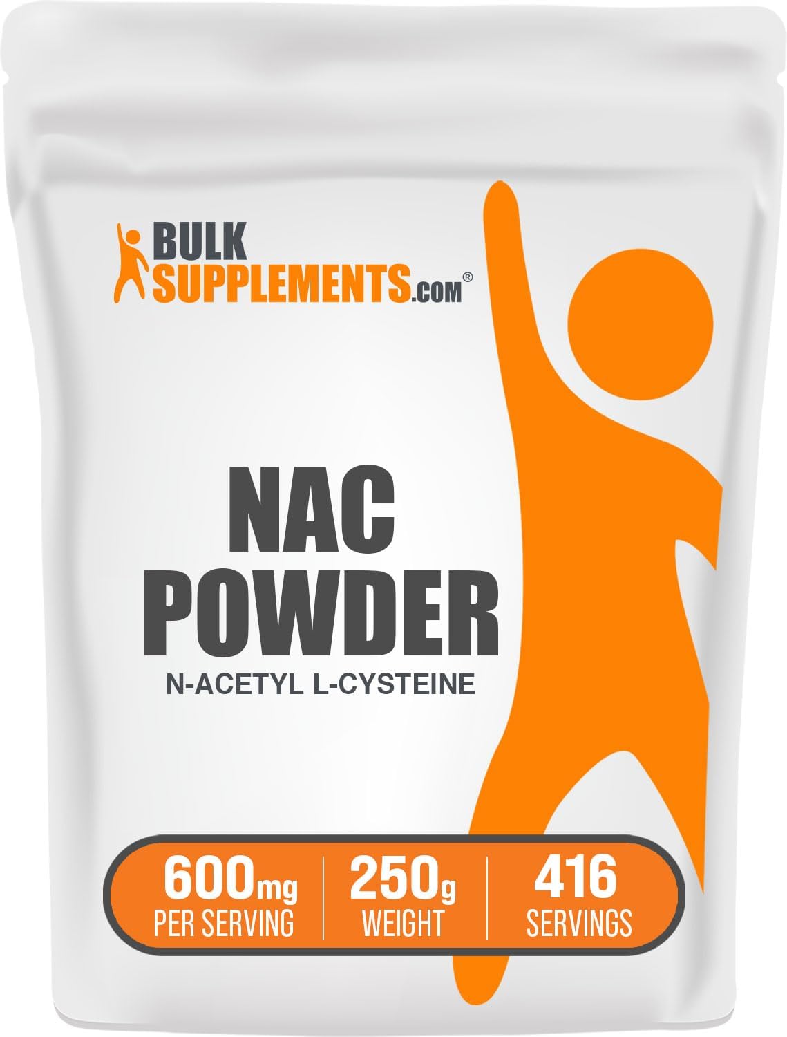 BulkSupplements.com NAC Powder - N-Acetyl Cysteine 600mg Antioxidant Support, Gluten Free - 416 Servings, 250g Pack