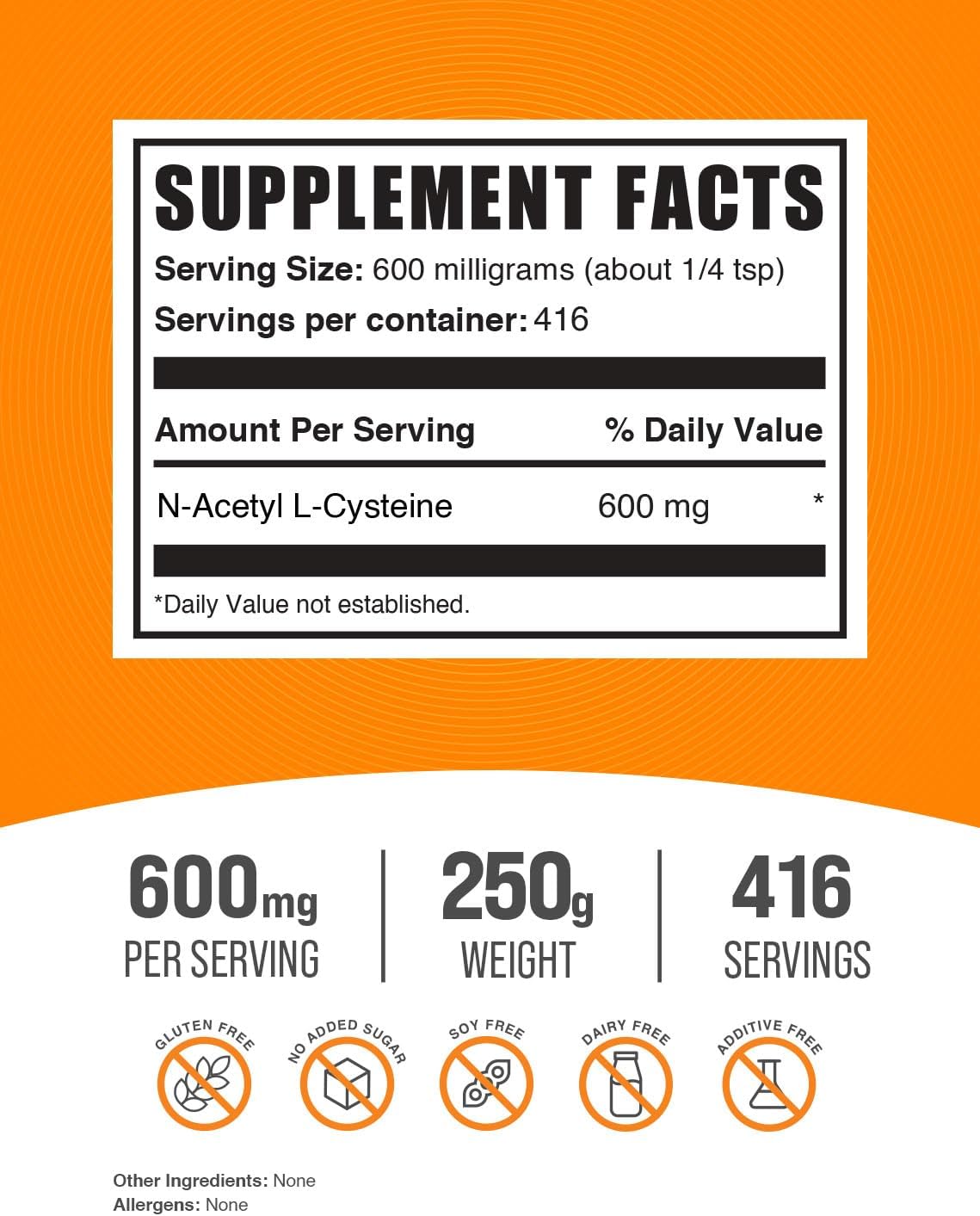 BulkSupplements.com NAC Powder - N-Acetyl Cysteine 600mg Antioxidant Support, Gluten Free - 416 Servings, 250g Pack