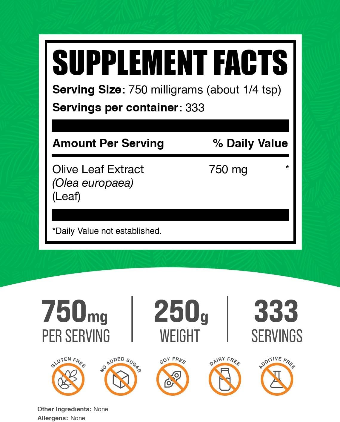 BulkSupplements.com Olive Leaf Extract Powder - Antioxidant Herbal Supplement, Gluten Free, 750mg per Serving, 250g - 8.8 oz, Pack of 1