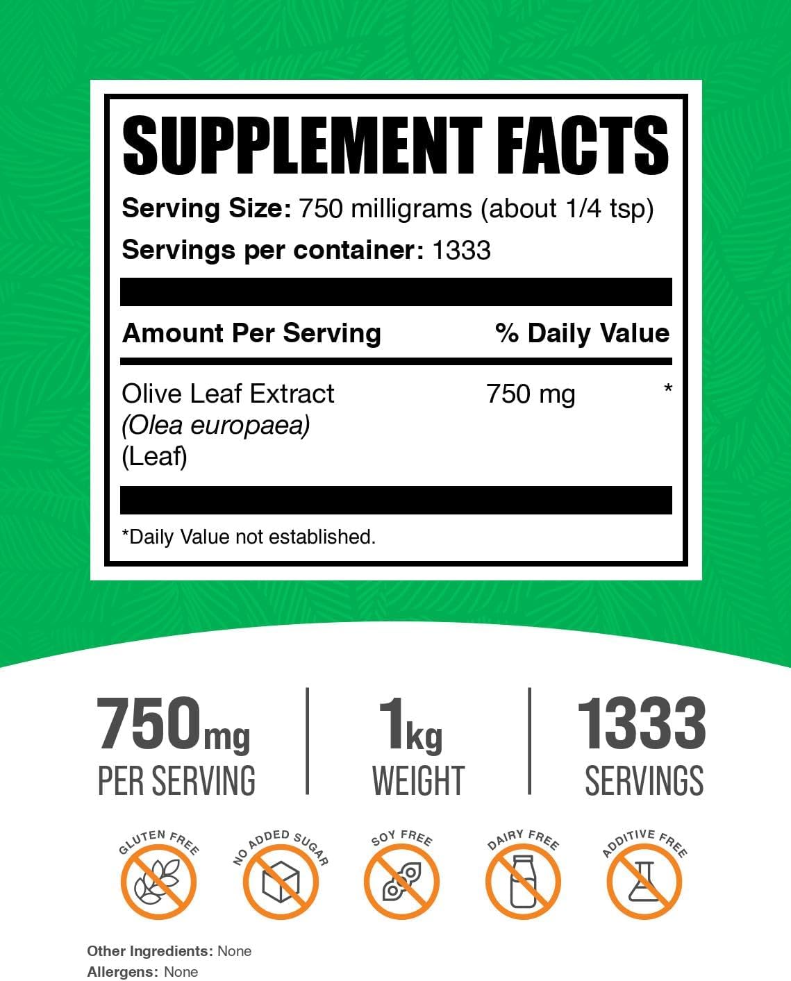 BulkSupplements.com Olive Leaf Extract Powder - Herbal Antioxidant Supplement, Gluten Free, 750mg/serving, 1kg (2.2 lbs) - Pack of 1