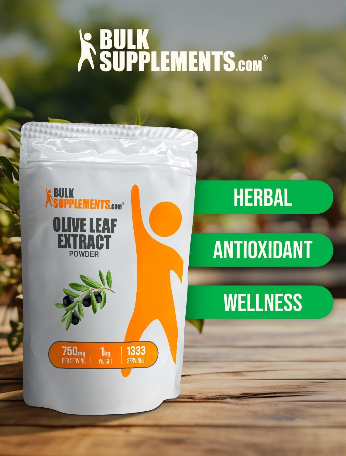 BulkSupplements.com Olive Leaf Extract Powder - Herbal Antioxidant Supplement, Gluten Free, 750mg/serving, 1kg (2.2 lbs) - Pack of 1