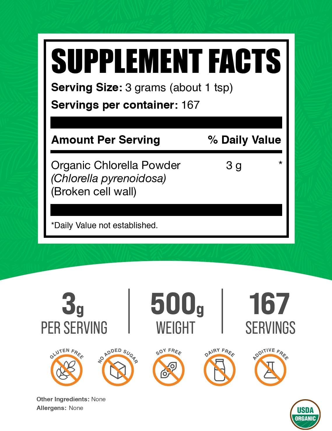 BulkSupplements.com Organic Chlorella Powder - Broken Cell Wall, Green Superfood, Vegan & Gluten-Free - 500g (1.1 lbs) Pack of 1