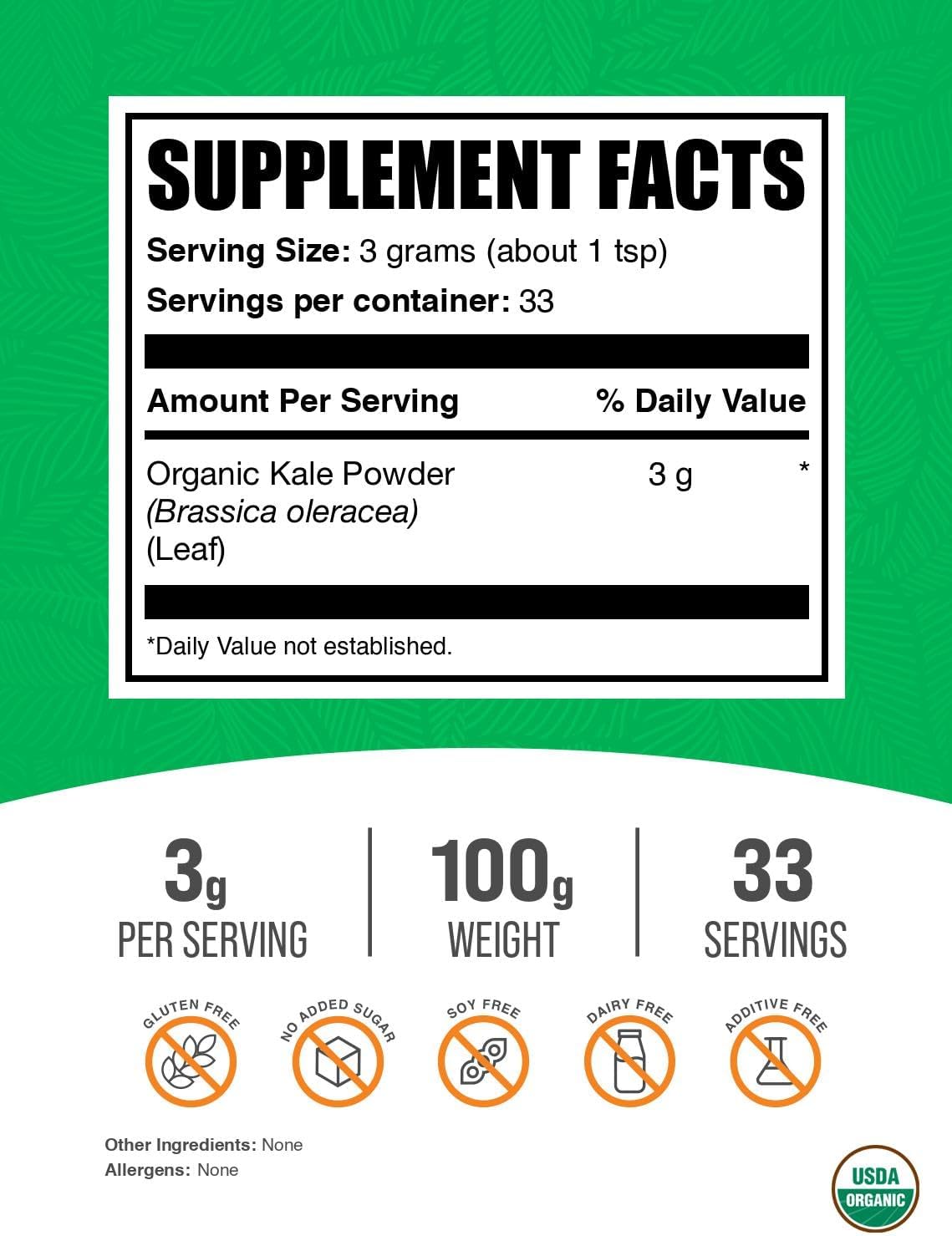 BulkSupplements.com Organic Kale Powder - Superfood Greens Powder, Vegan & Gluten-Free - 100g (3.5 oz) - Pack of 1